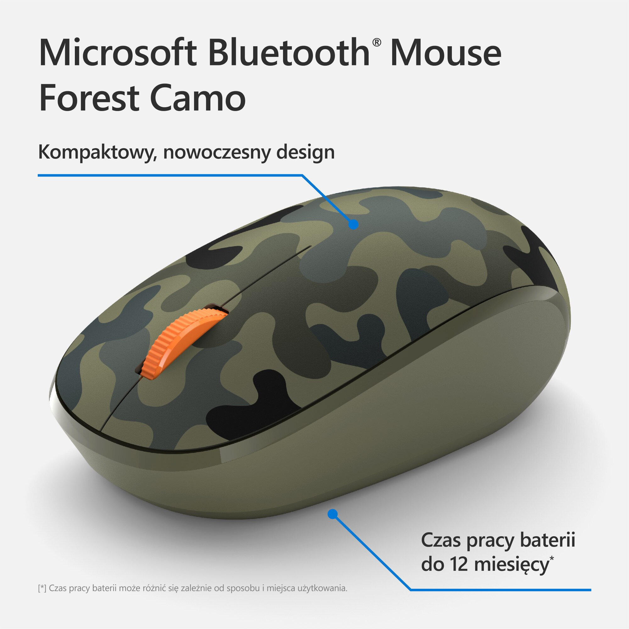 Mysz Microsoft Bluetooth, wzór leśny moro. Pomarańczowe kółko przewijania i tekst 