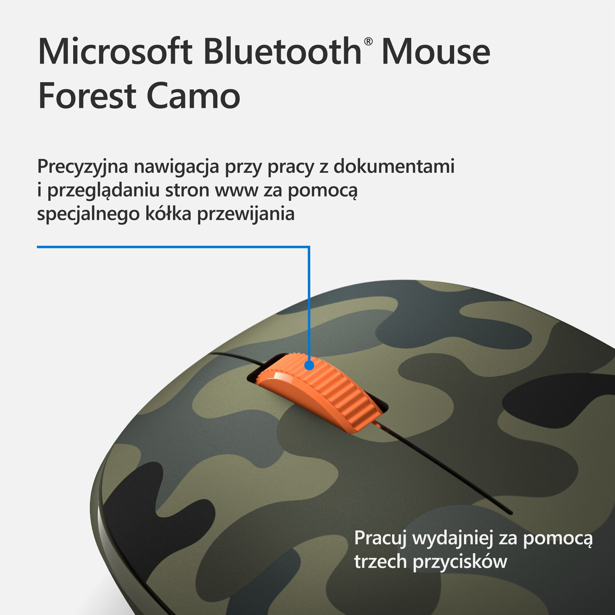 Mysz Microsoft Bluetooth w leśnym kamuflażu. Widoczne pomarańczowe kółko przewijania.