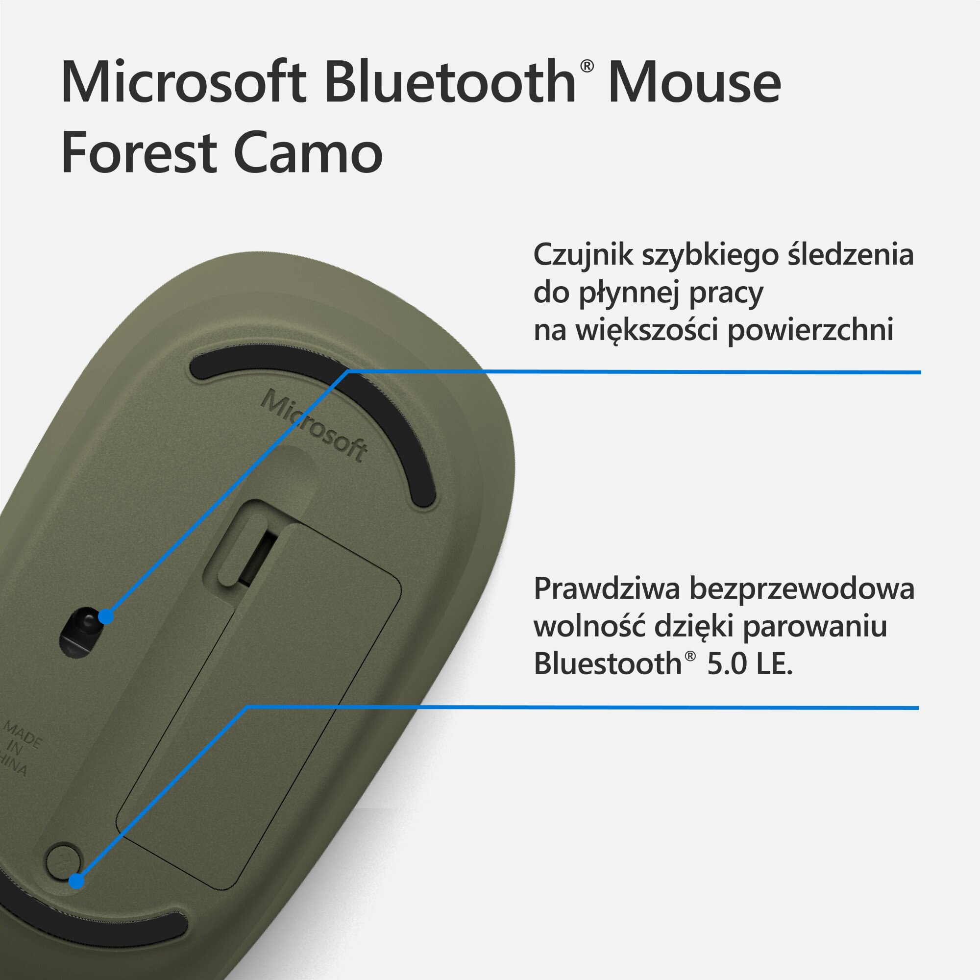 Mysz Bluetooth Microsoft, kolor zielony, z tekstem opisującym jej funkcje.