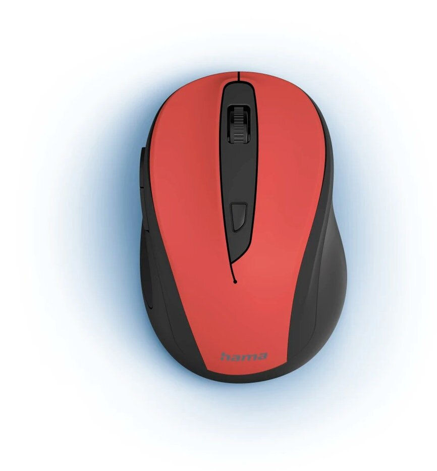 Czerwono-czarna mysz bezprzewodowa na białej powierzchni. Mysz ma kółko przewijania i przyciski.