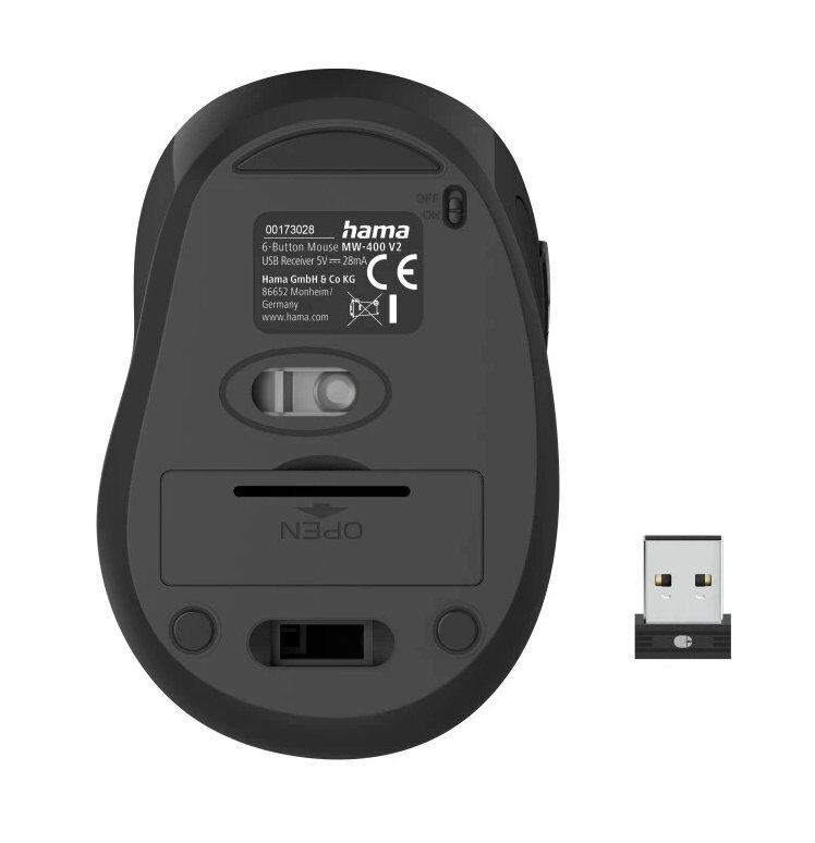 Czarna mysz komputerowa z odbiornikiem USB.