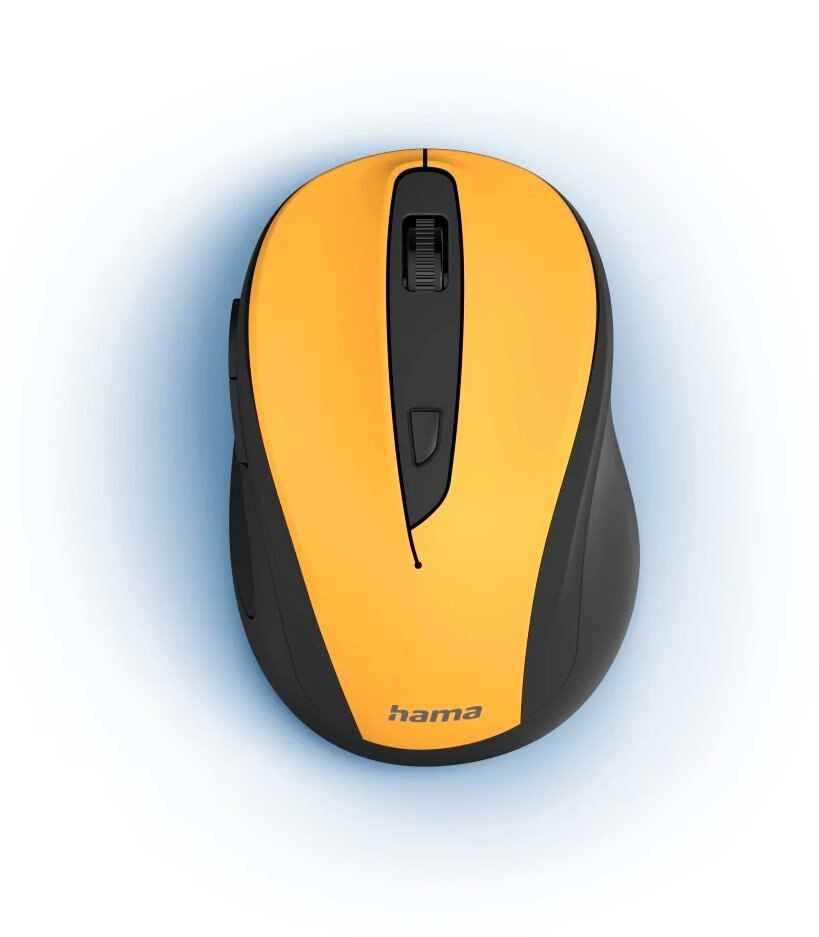 Widok z góry na żółtą i czarną mysz komputerową.