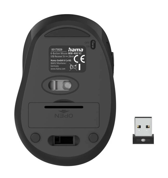 Spód czarnej myszy komputerowej z przyciskami, logo i komorą baterii.