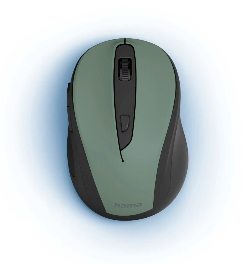 Zielono-czarna mysz komputerowa, z kółkiem przewijania, na jasnoniebieskim tle z gradientem.