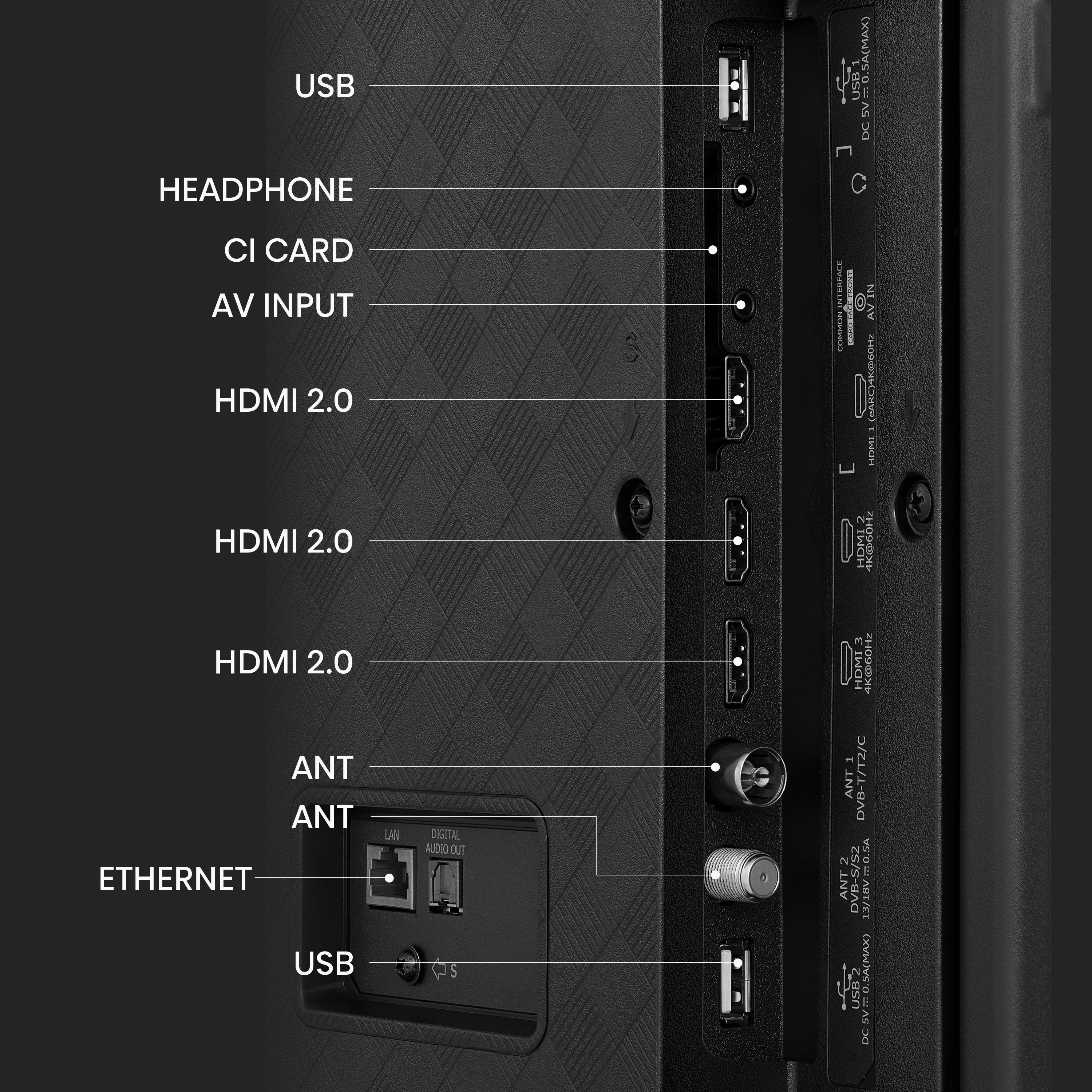 TV-Anschlussfeld. Beschriftet mit USB, HDMI, Ethernet und anderen Anschlussmöglichkeiten.