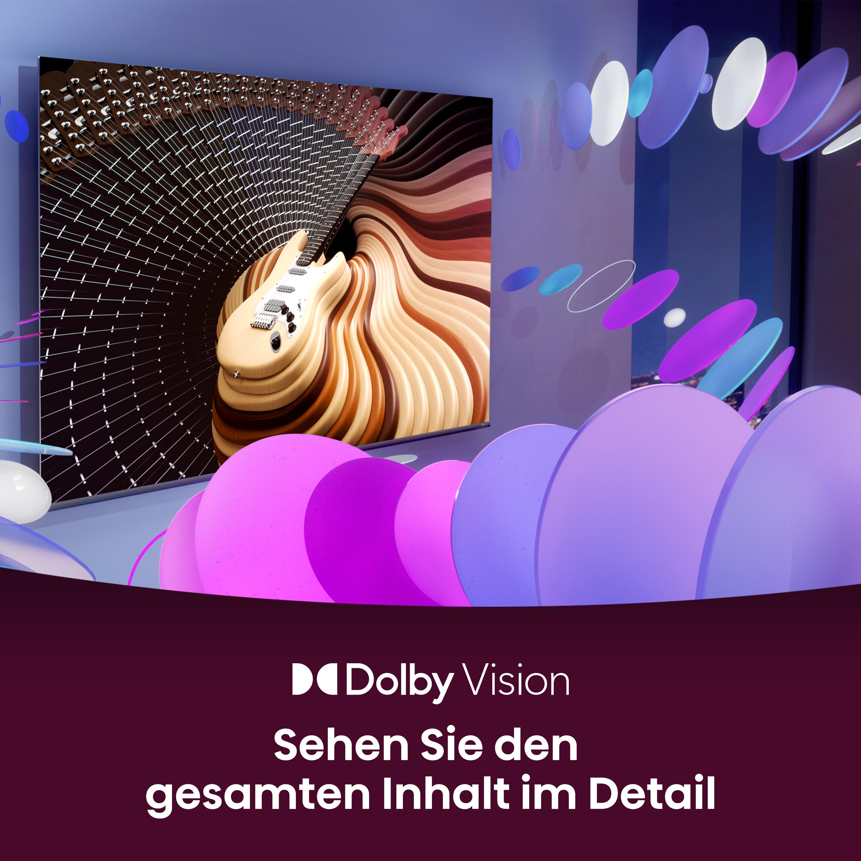 Fernseher zeigt Gitarrenbild. Lila und weißer Hintergrund mit Text: Dolby Vision.