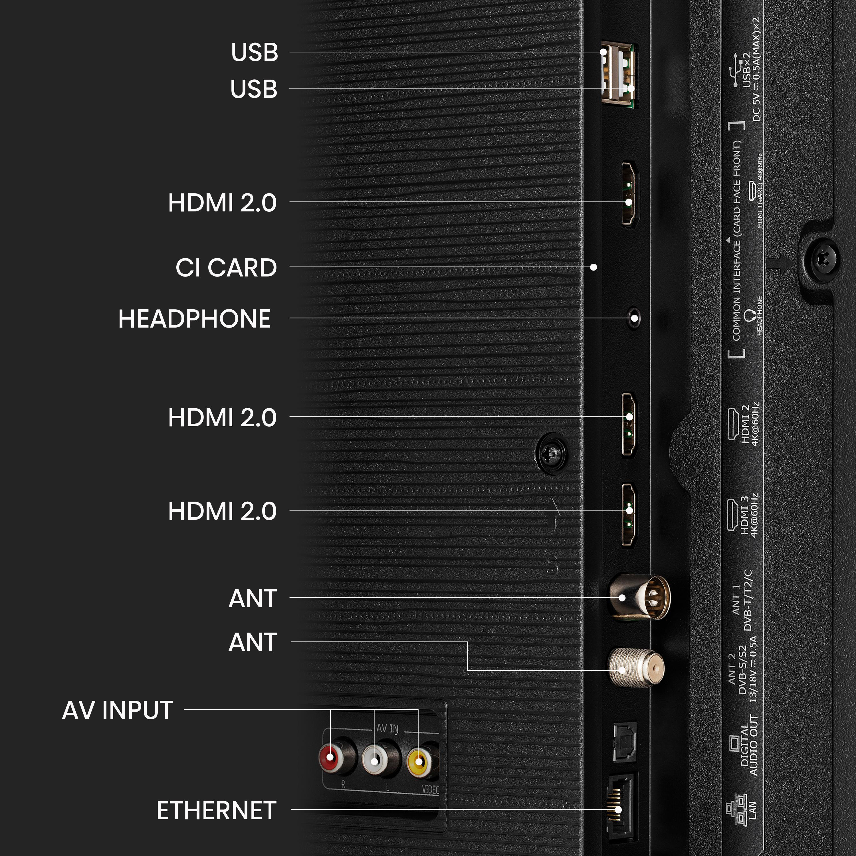 Nahaufnahme der Rückseite eines Fernsehers mit beschrifteten Anschlüssen: USB, HDMI, ANT, AV INPUT und Ethernet.