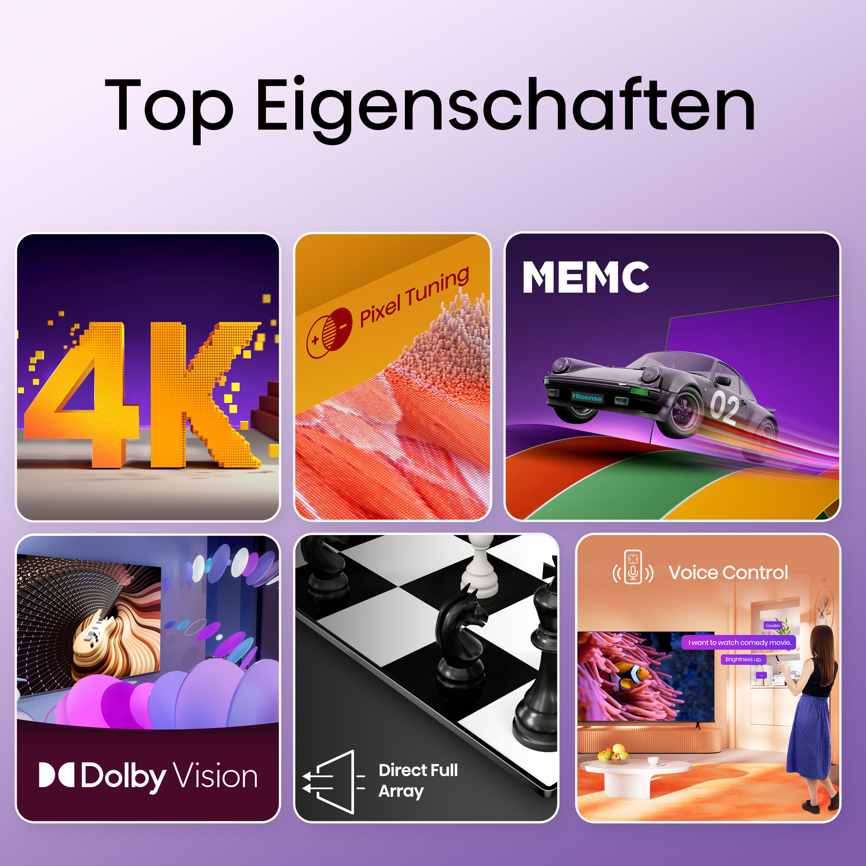Sechs farbige Quadrate mit Bildern von einem Fernseher, Schach und einem Auto.