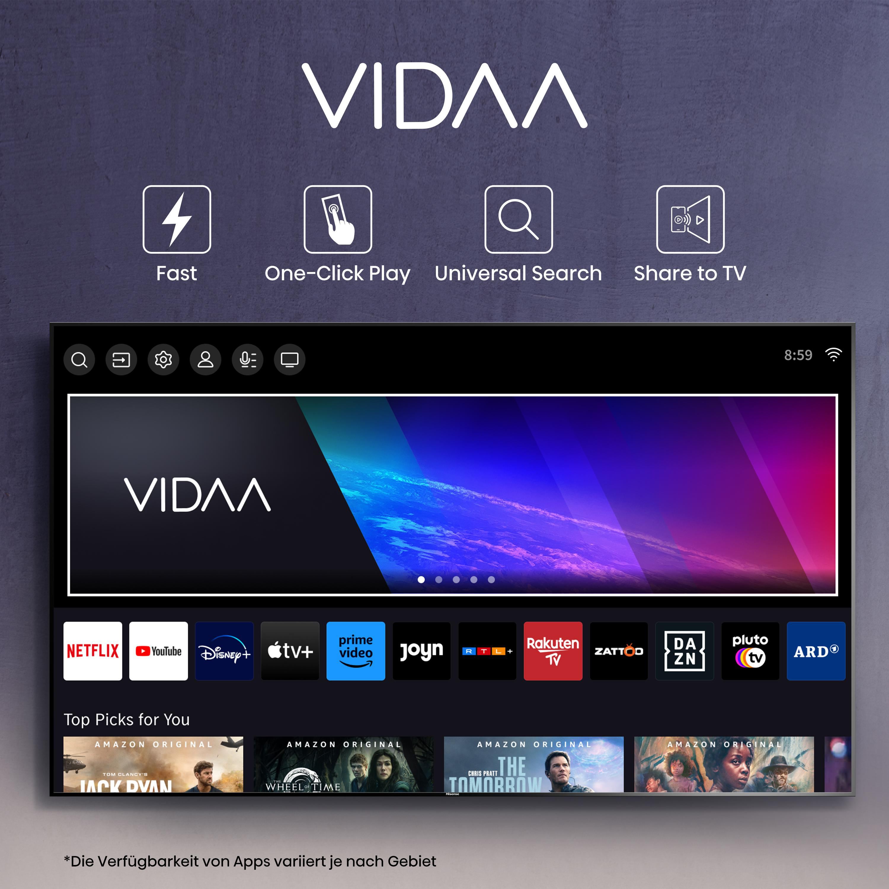 VIDAA TV-Bildschirm mit App-Symbolen. Netflix, YouTube und andere. Weißer Hintergrund.