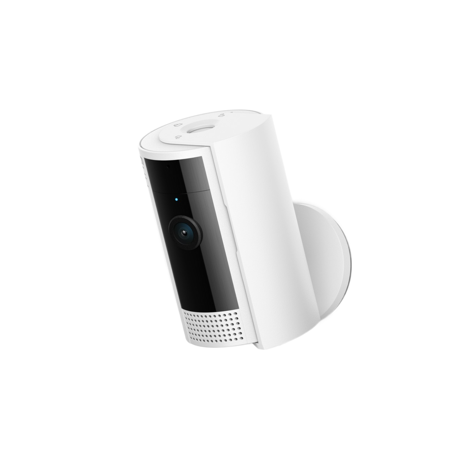 Caméra de sécurité Ring blanche, fixée au mur, objectif noir.