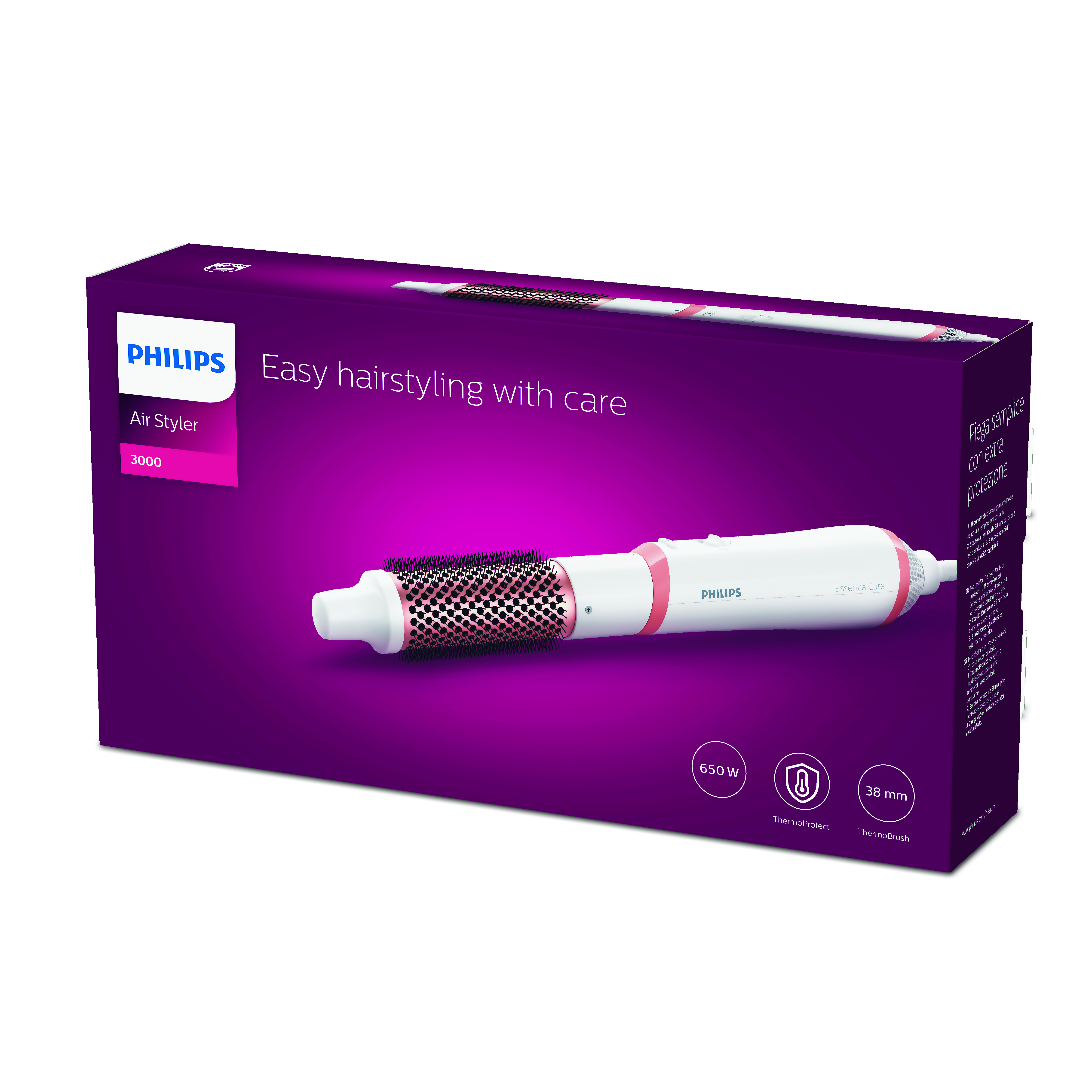 Una caja Philips Air Styler. La caja es rosa y blanca, con una imagen del styler.