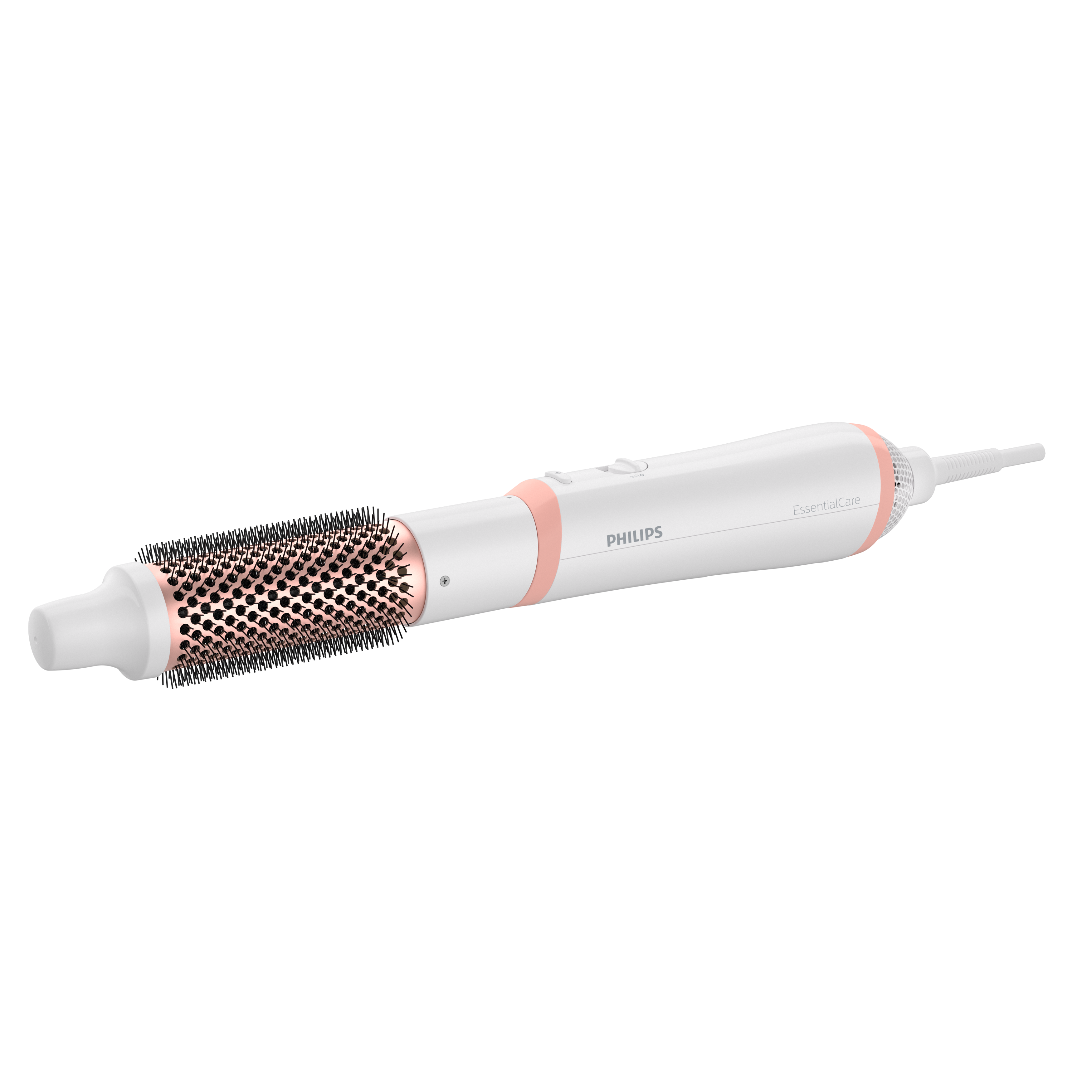 Cepillo para peinar el cabello blanco y rosa, marca Philips. Tiene un cabezal de cepillo cilíndrico. Fondo negro.