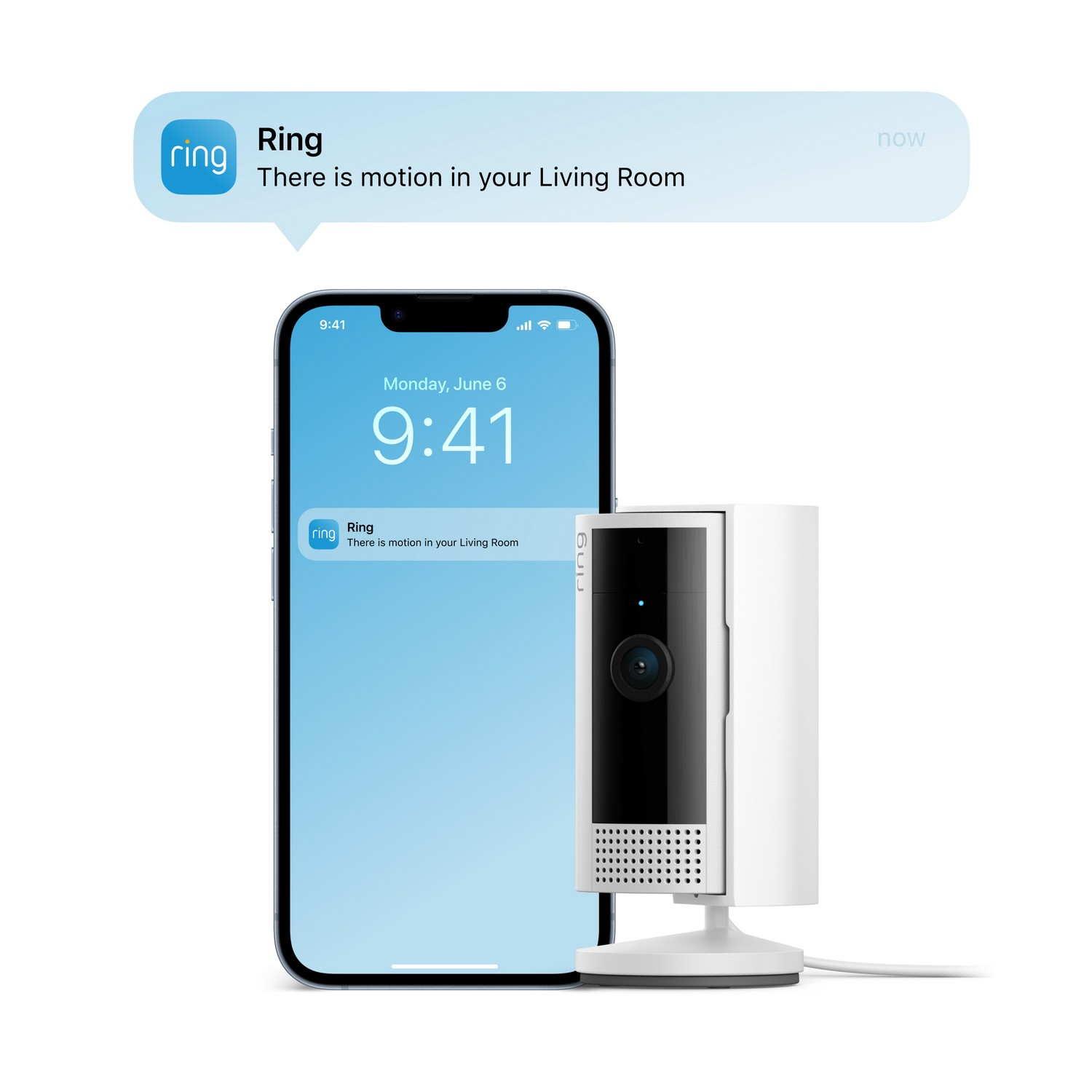 A smartphone shows a Ring app notification: motion in living room. A Ring camera is present.