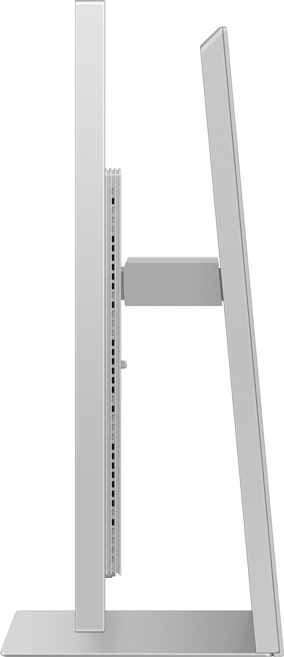 Vue latérale d'un moniteur avec son support, couleur argent, orientation verticale.