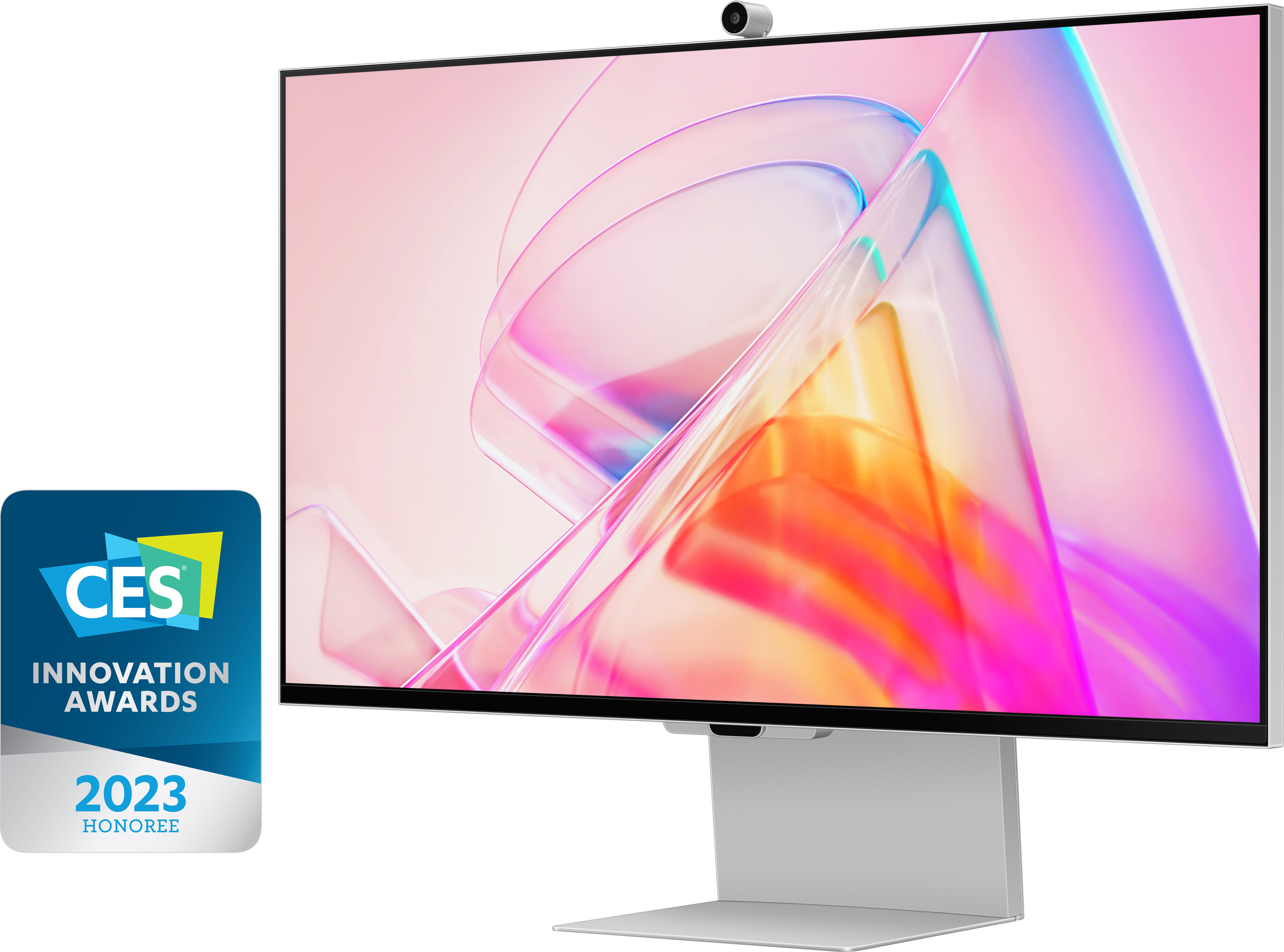 Moniteur d'ordinateur avec design rose et blanc et badge CES 2023.