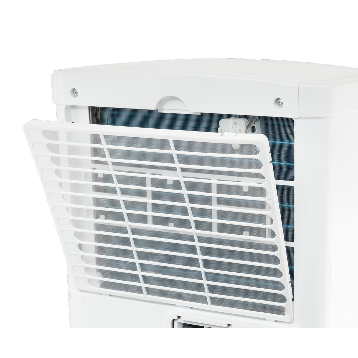 Air conditioner unit, white, with the filter cover open.