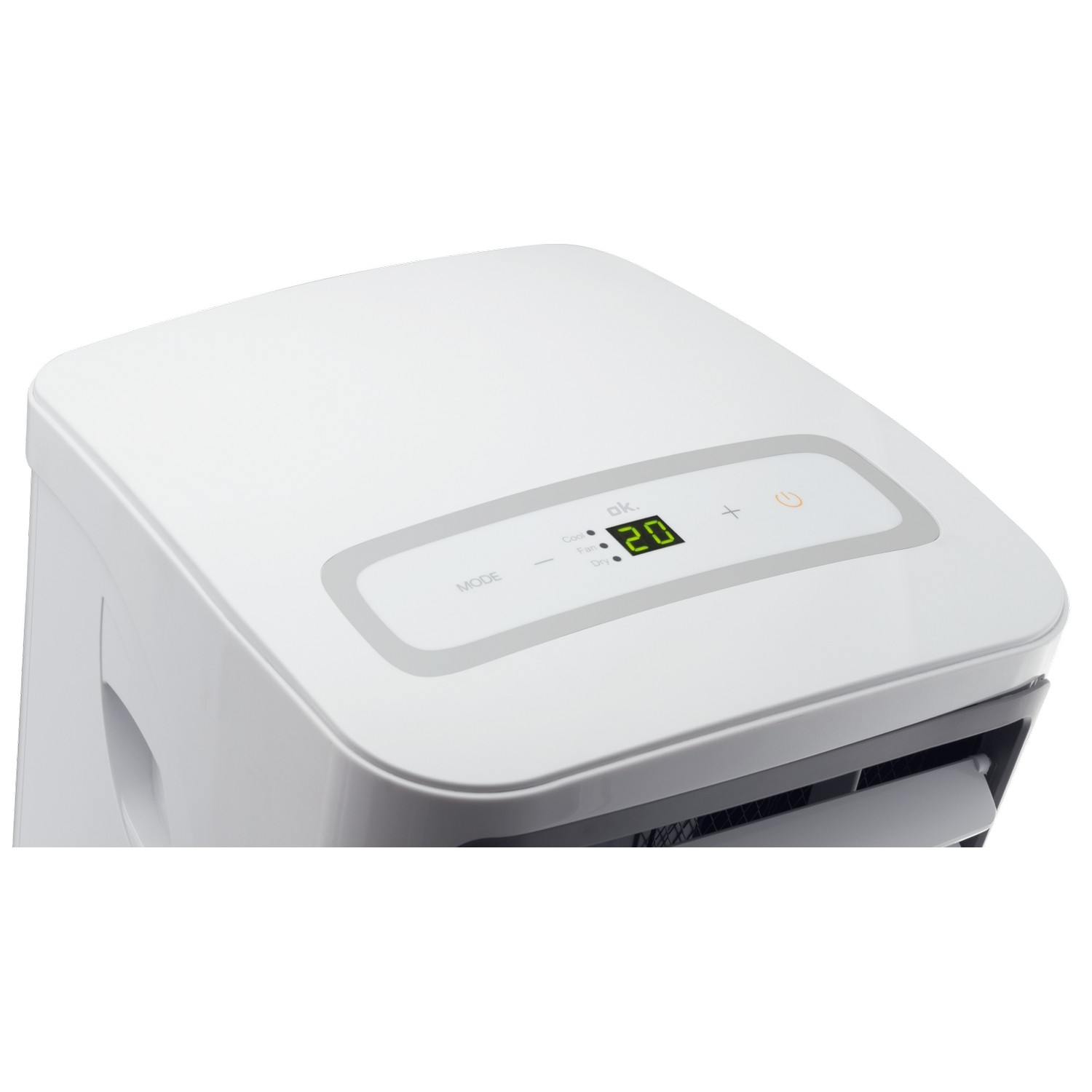 White air cooler with a digital display showing a temperature reading.