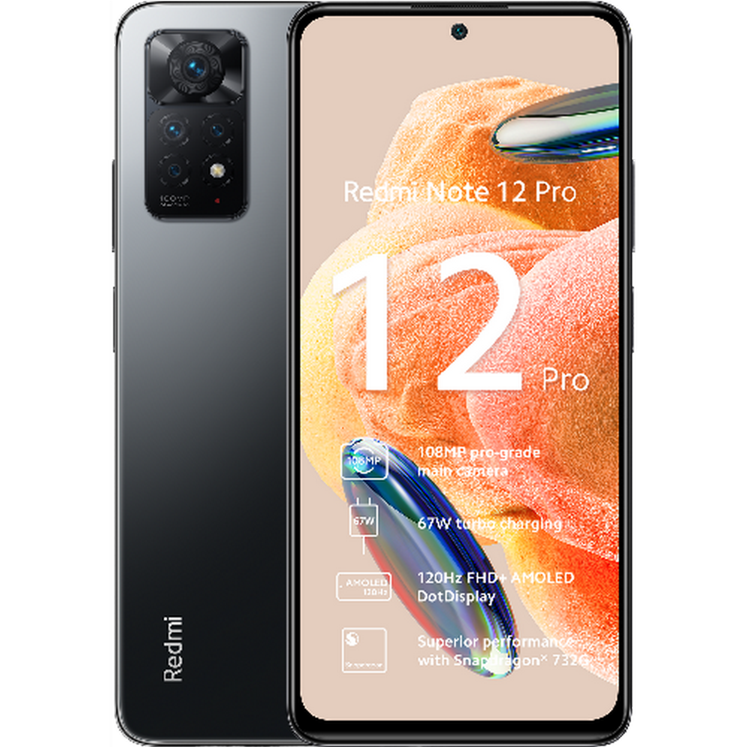 Zwarte en grijze smartphone, met meerdere camera's, productdetails op het scherm.