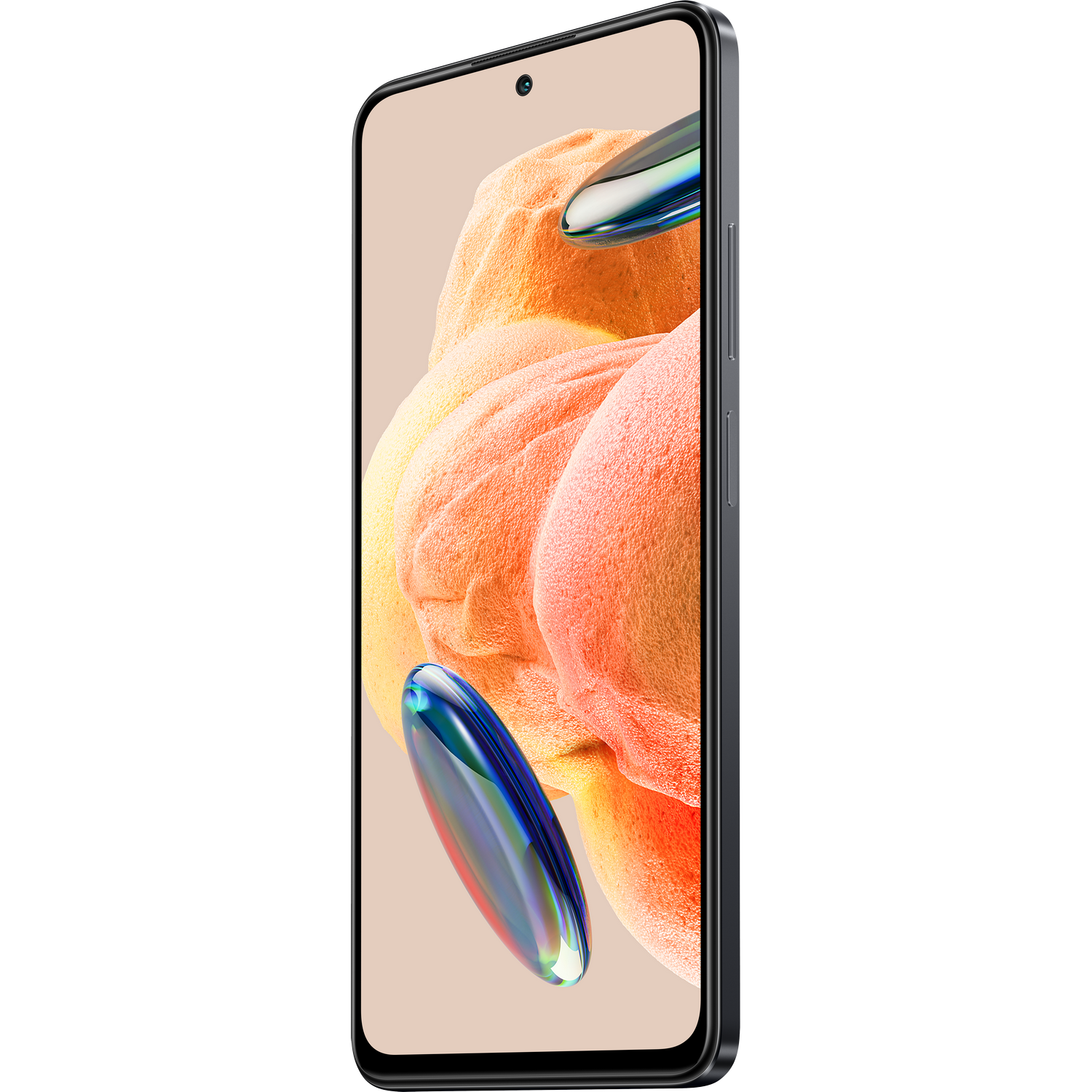 Een smartphone, schuin, met een kleurrijke abstracte achtergrond op het scherm.