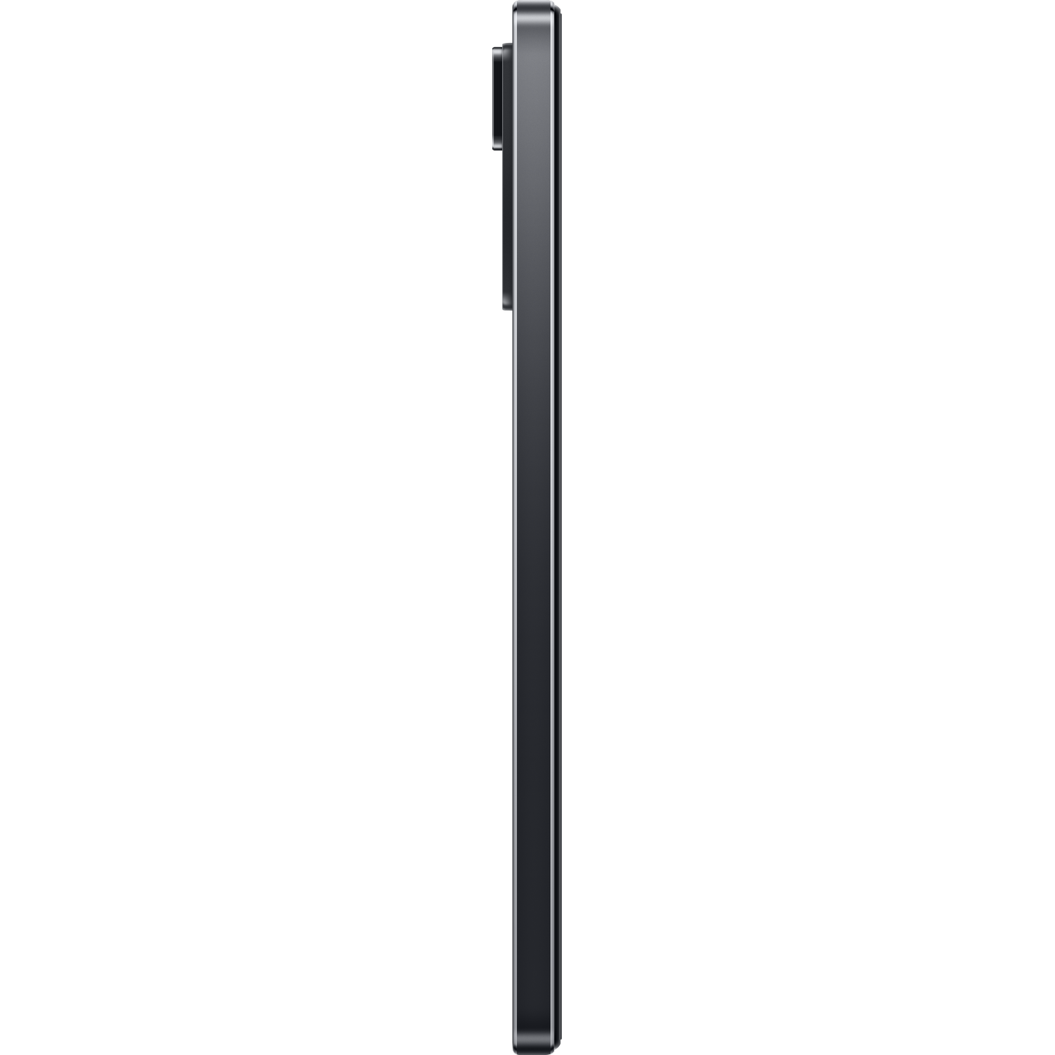 Zijaanzicht van een zwarte smartphone met een strak design en een donker scherm.