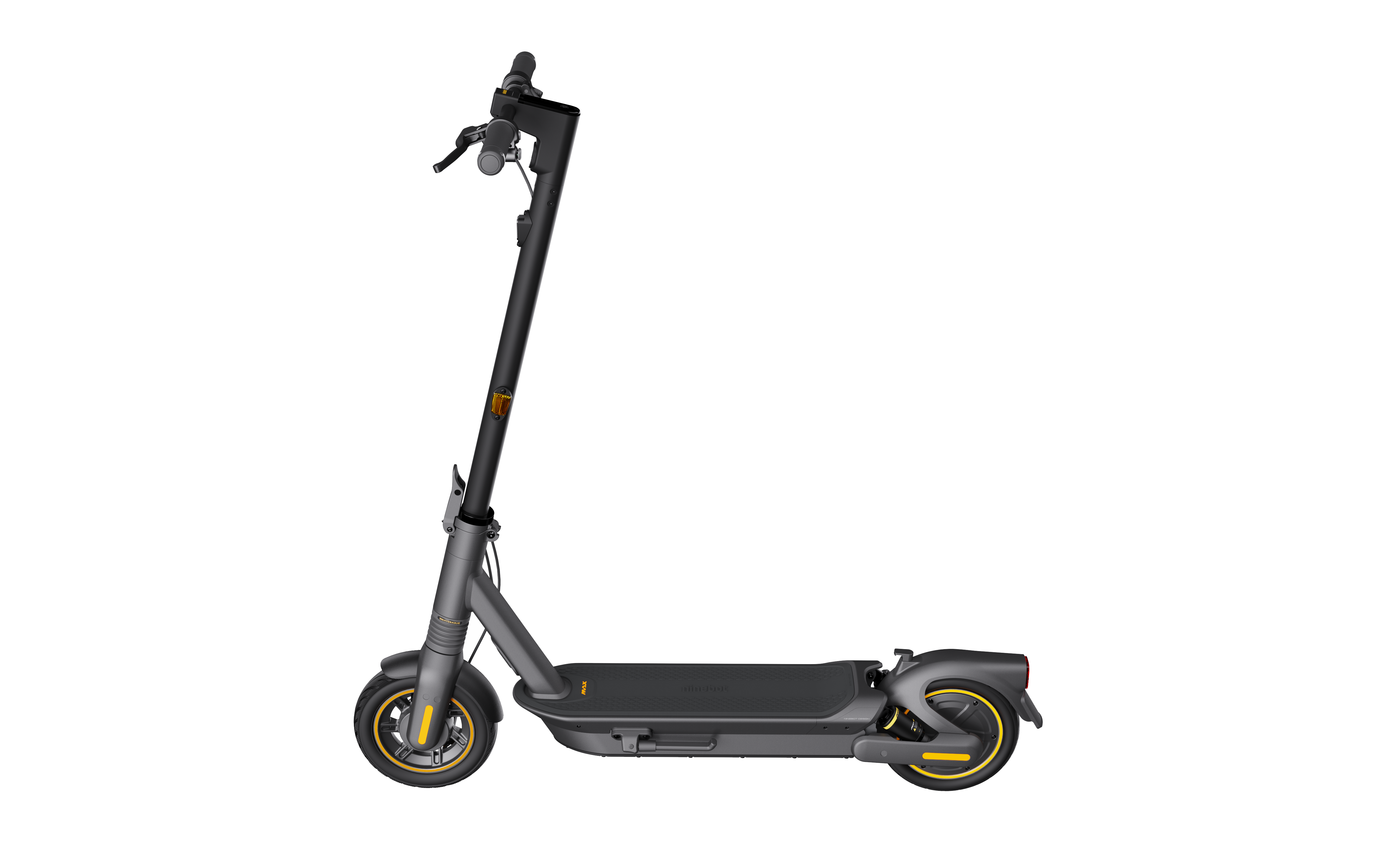 Siyah zemin üzerinde siyah güverte, sarı tekerlekli gri elektrikli scooter.
