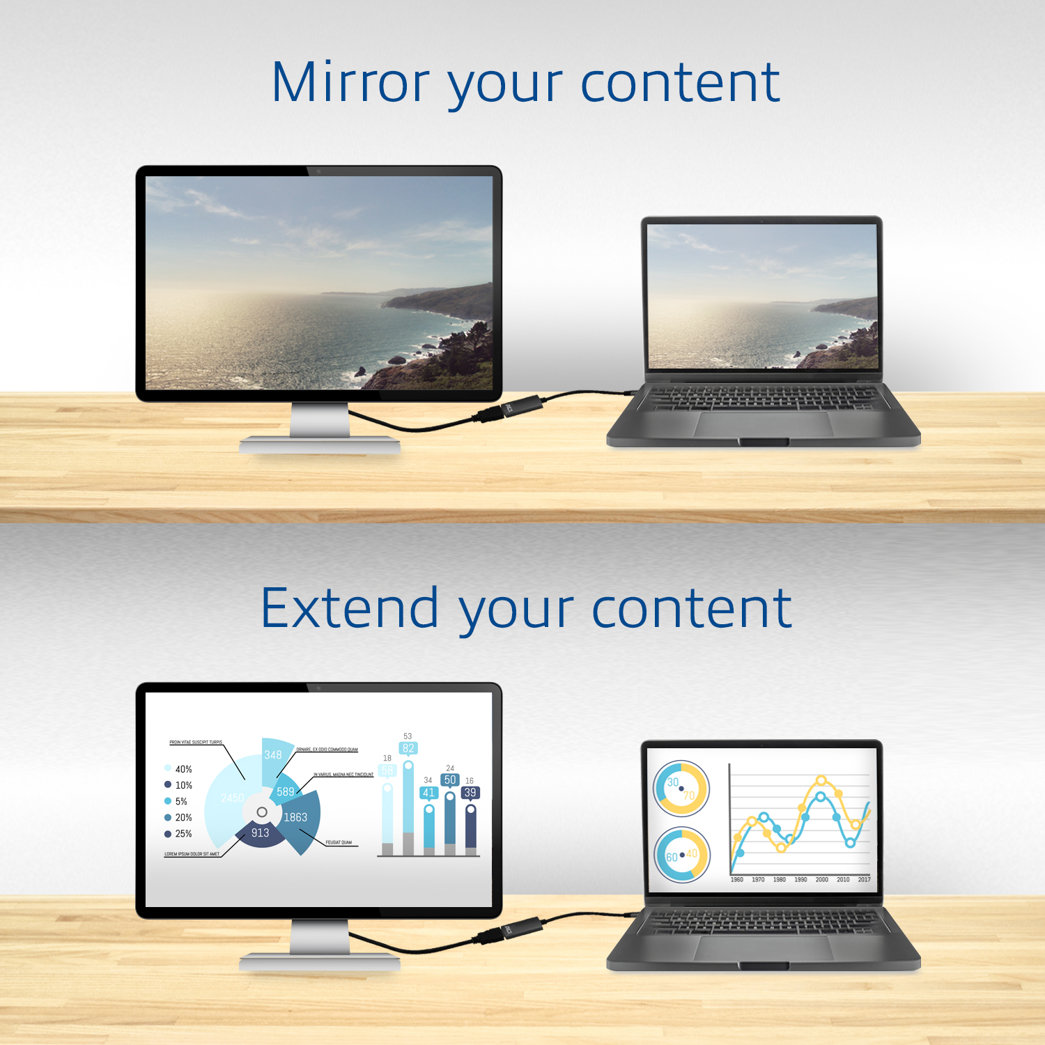 Two diagrams showing how to mirror and extend content from a laptop to a monitor.