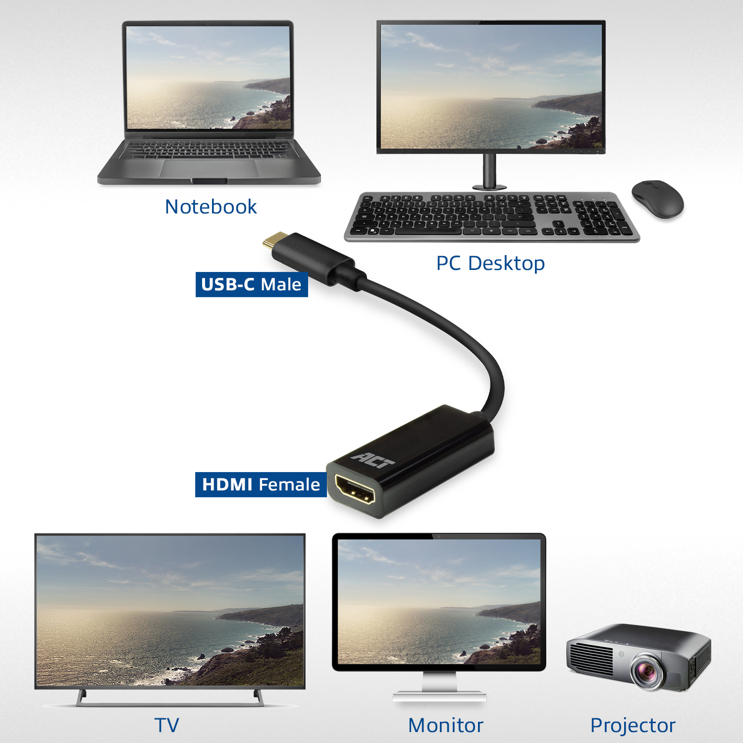 A black USB-C to HDMI adapter is connecting a laptop, PC desktop, TV, monitor, and projector.