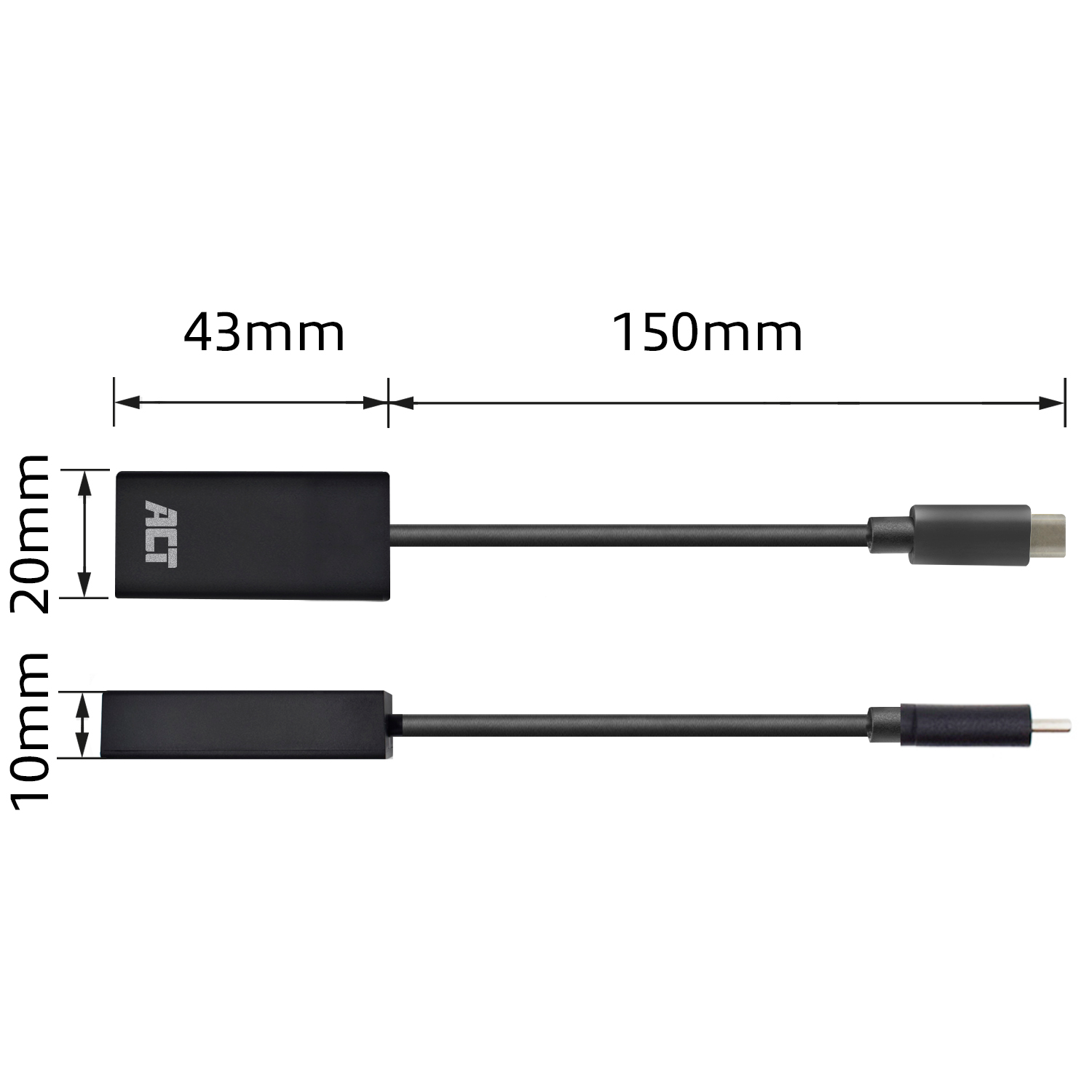 Black ACT adapter with dimensions: 43mm x 20mm, and 150mm x 10mm, connecting to a USB-C connector.