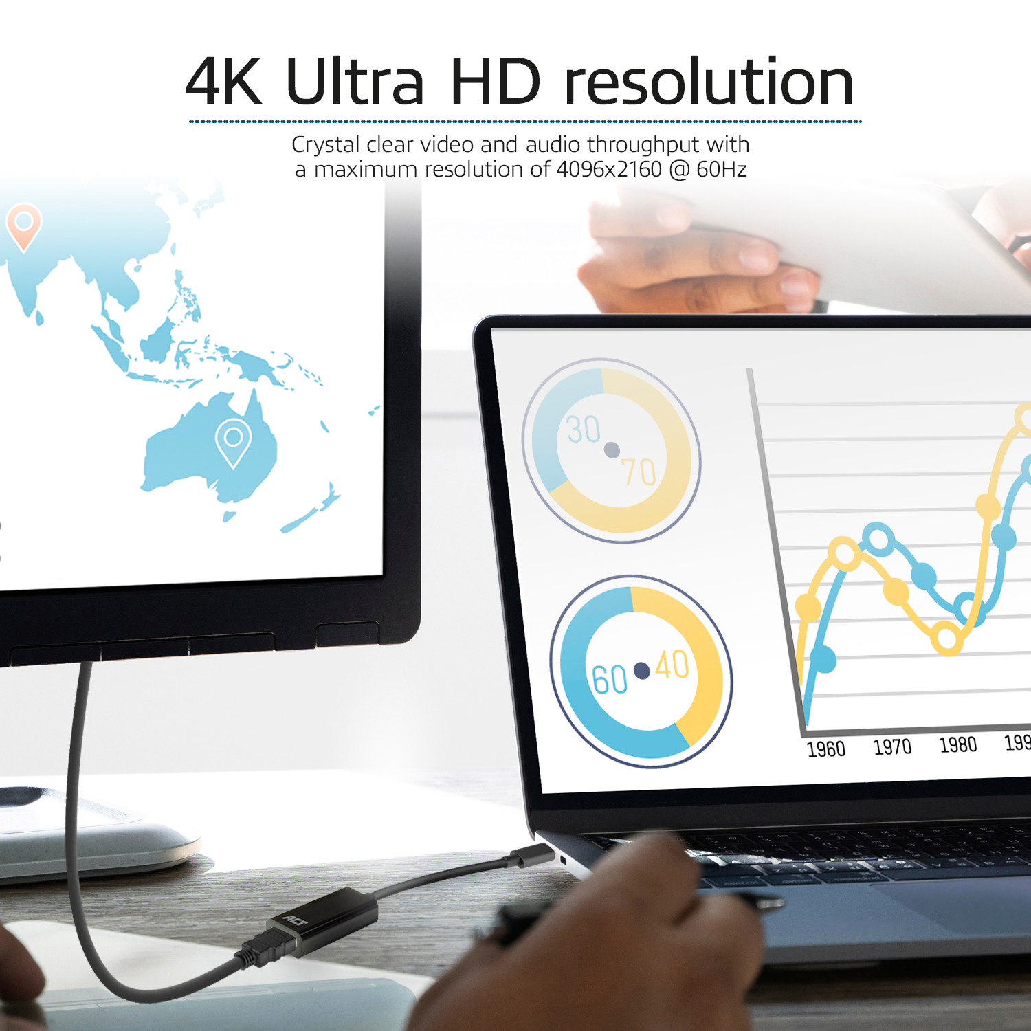 Laptop displaying data charts connected to a monitor.