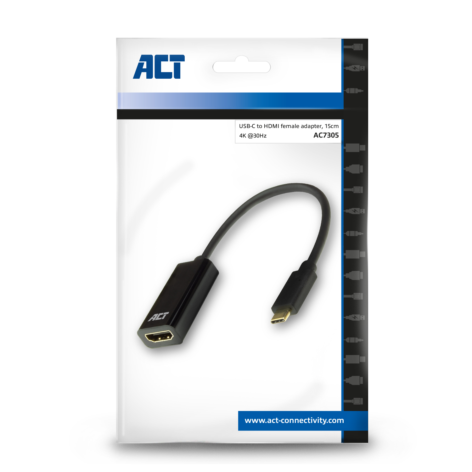 Black USB-C to HDMI adapter in a package. Includes product name and logo.