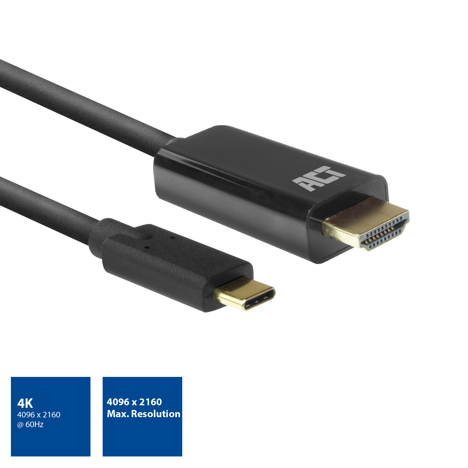 HDMI naar USB-C kabel, zwart. Close-up van de connectoren op een witte achtergrond.