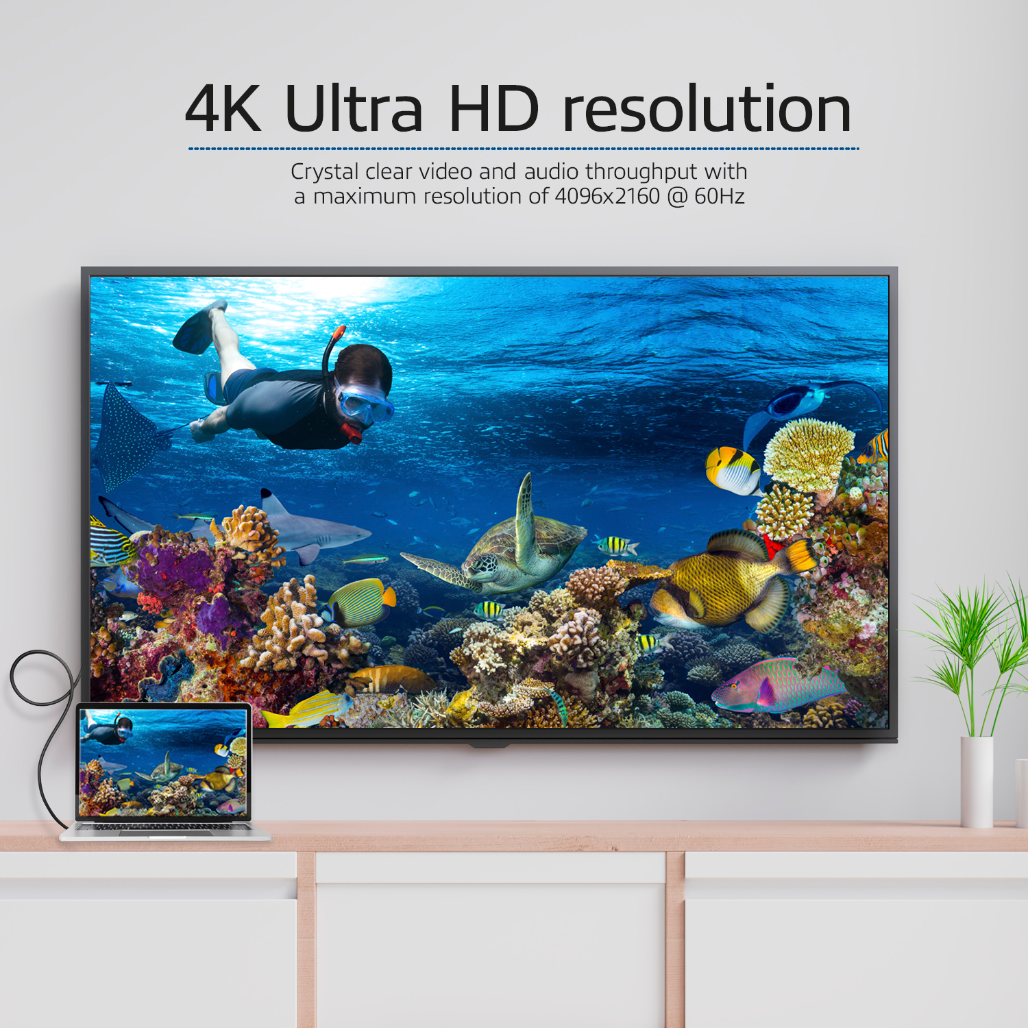 Een tv toont een onderwater scène. Een laptop toont hetzelfde. Tekst: '4K Ultra HD resolutie'.