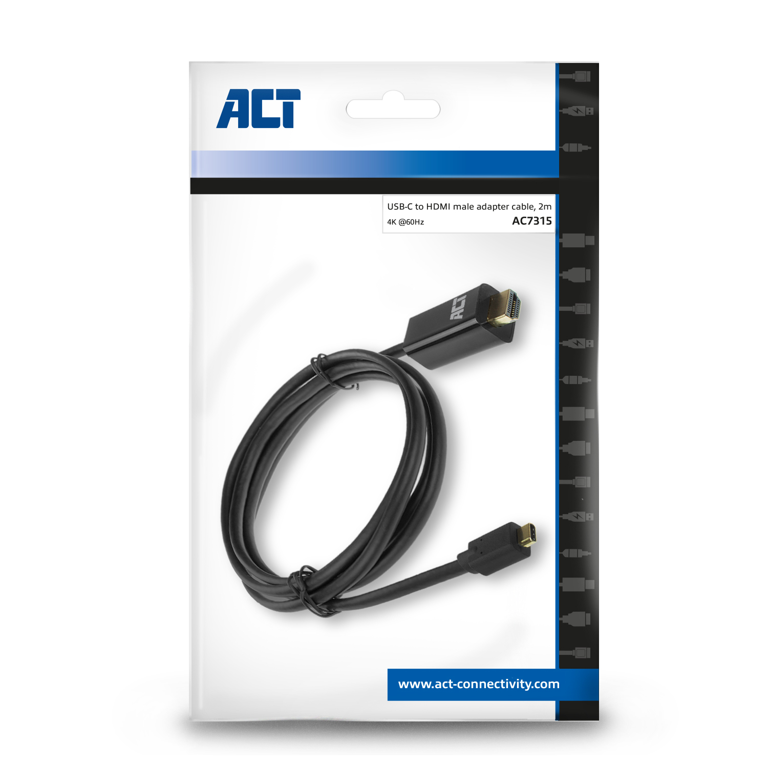 Zwarte USB-C naar HDMI adapterkabel in verpakking, met het ACT-logo zichtbaar.