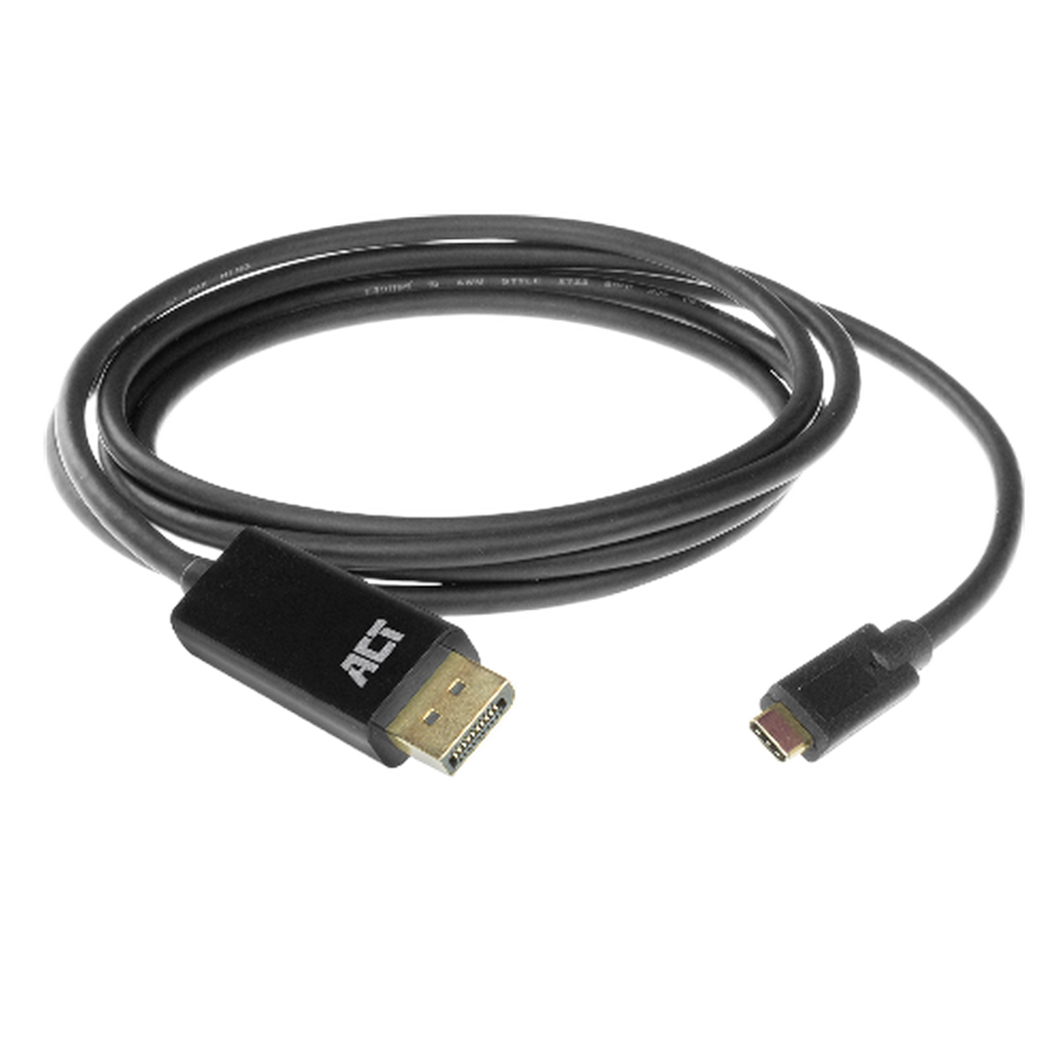 Zwarte DisplayPort naar USB-C kabel. Eén uiteinde is DisplayPort, de andere is USB-C, op een zwarte achtergrond.