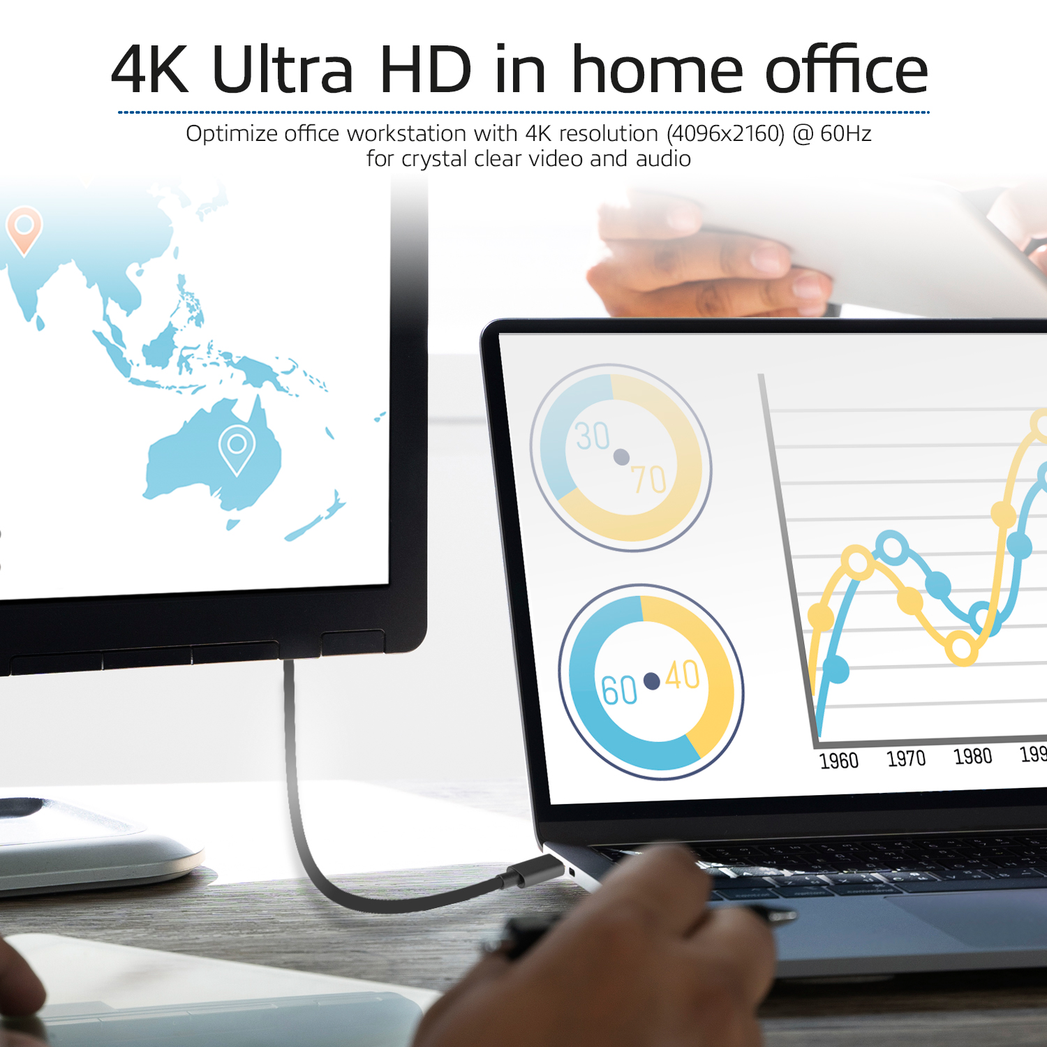 Laptop en monitor met grafieken. Een persoon werkt. De tekst luidt "4K Ultra HD".