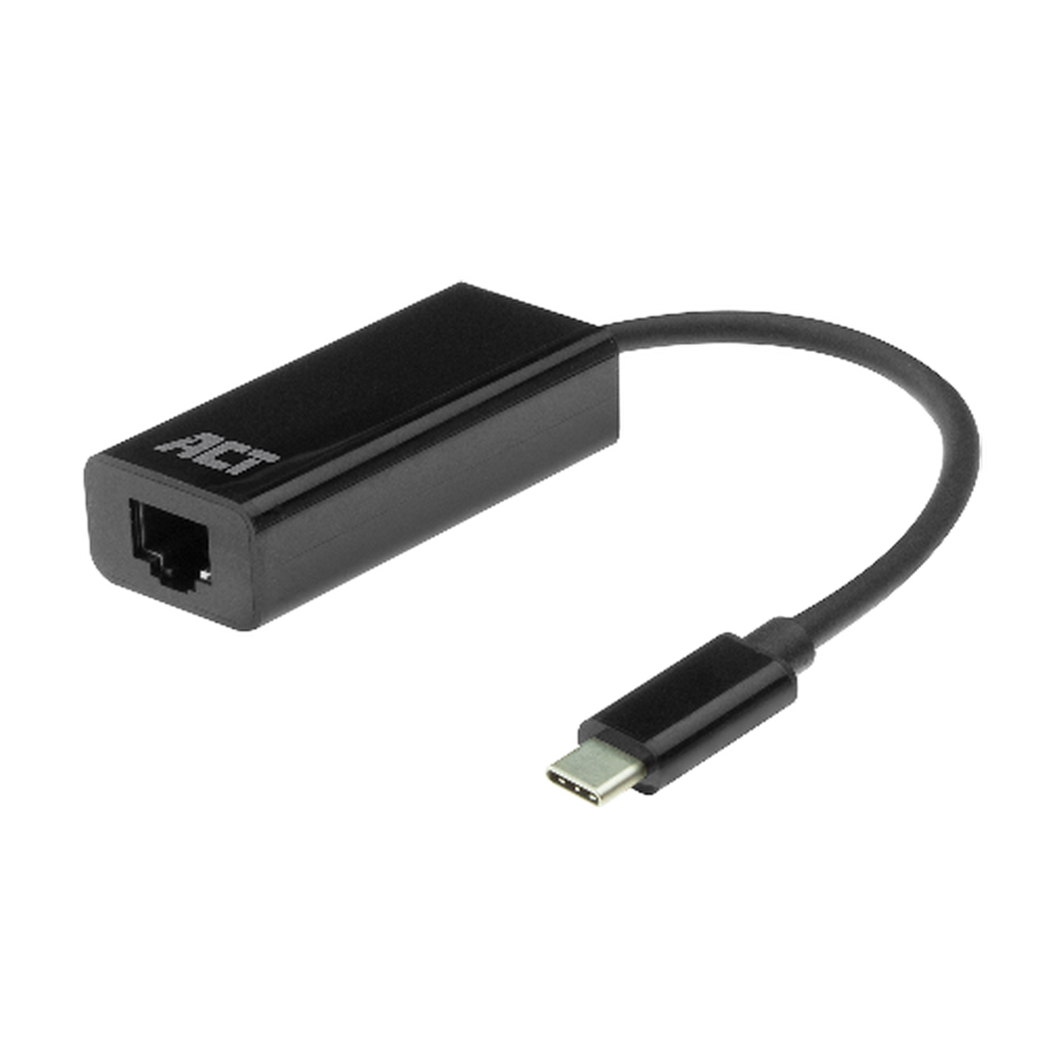 Zwarte USB-C naar Ethernet adapter met kabel op zwarte achtergrond.