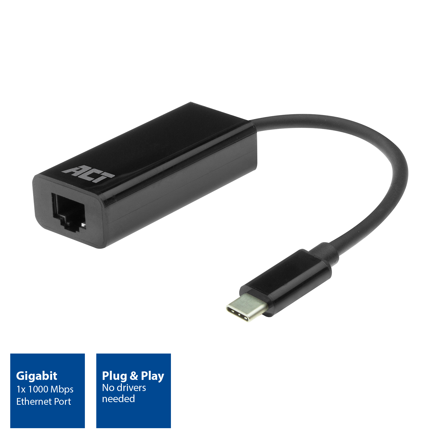 Zwarte Ethernet-adapter met USB-C-connector. Gigabit Ethernet-poort.