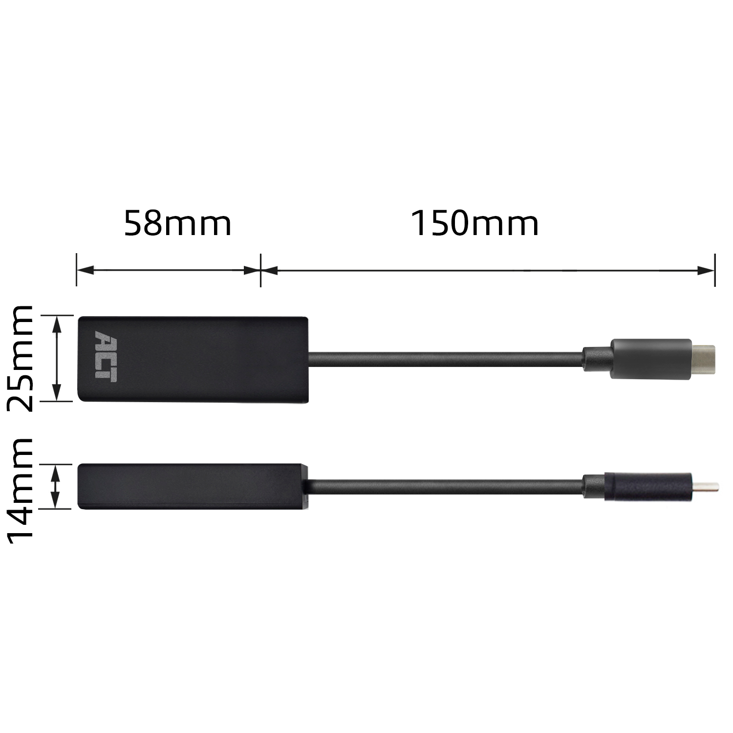 Zwarte ACT adapter met USB-C en USB-A connectoren, afmetingen inbegrepen.