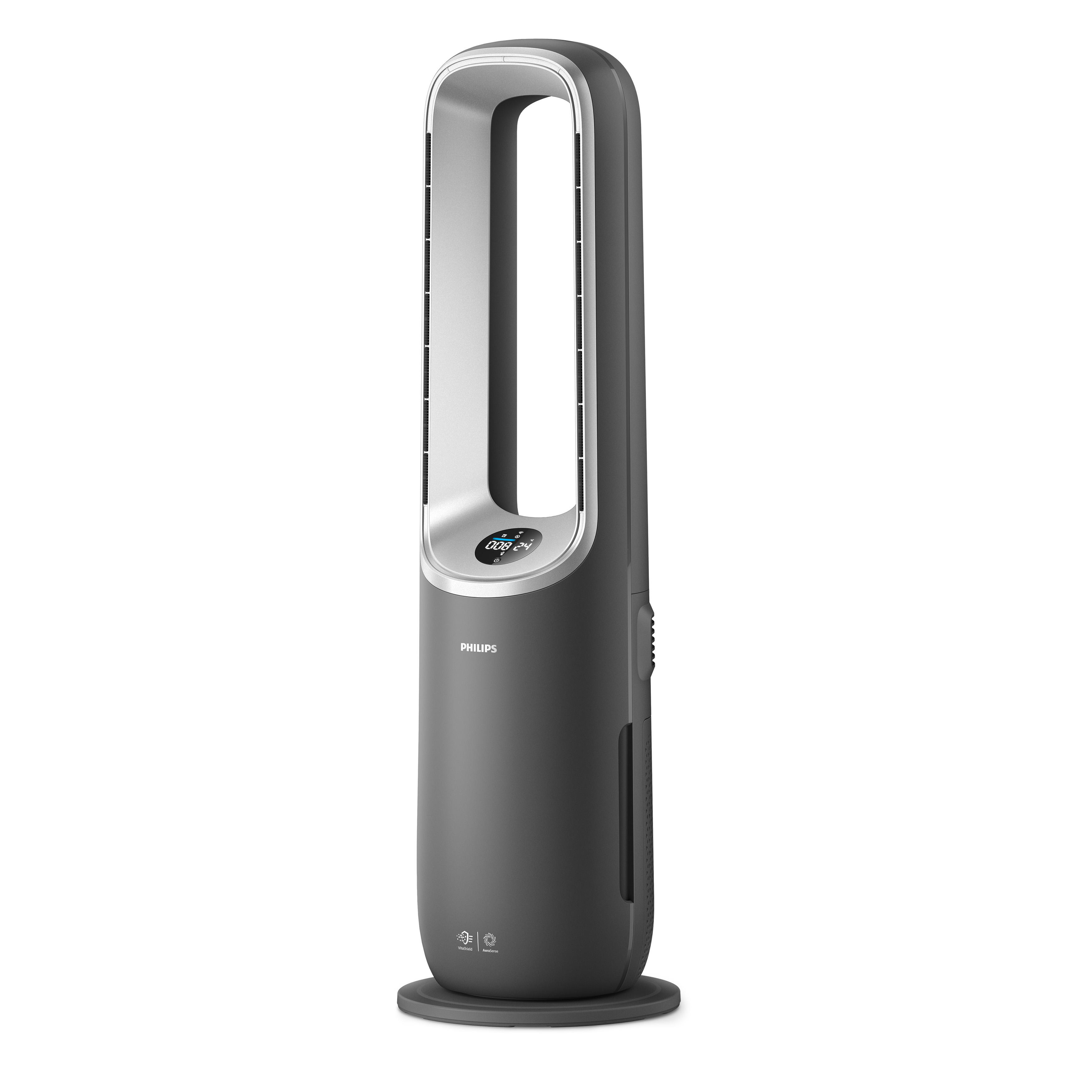 Grauer Philips Turmventilator. Er hat eine Digitalanzeige und einen runden Sockel. Weißer Hintergrund.