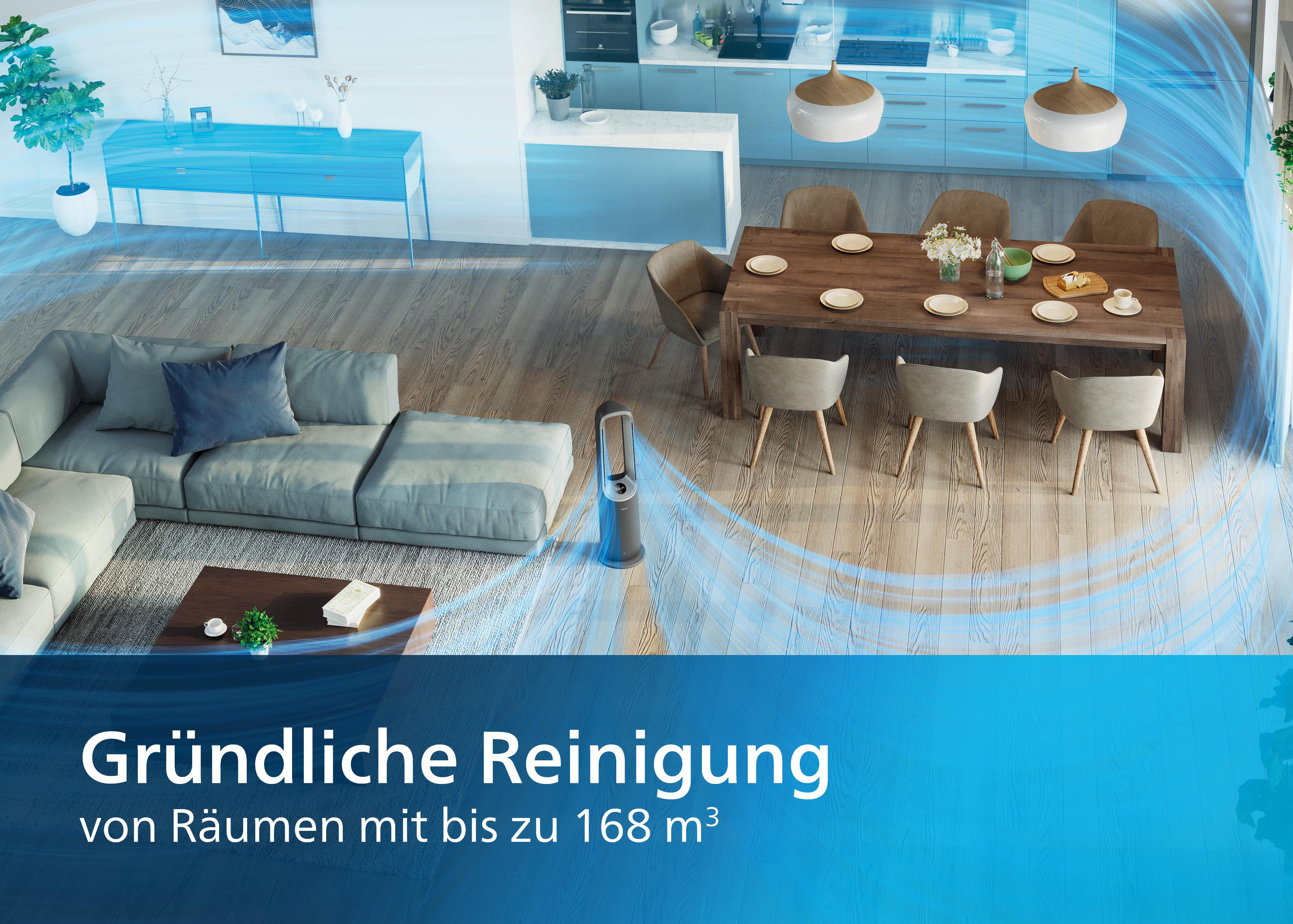 Modernes Wohnzimmer mit Luftreiniger, Holzboden.