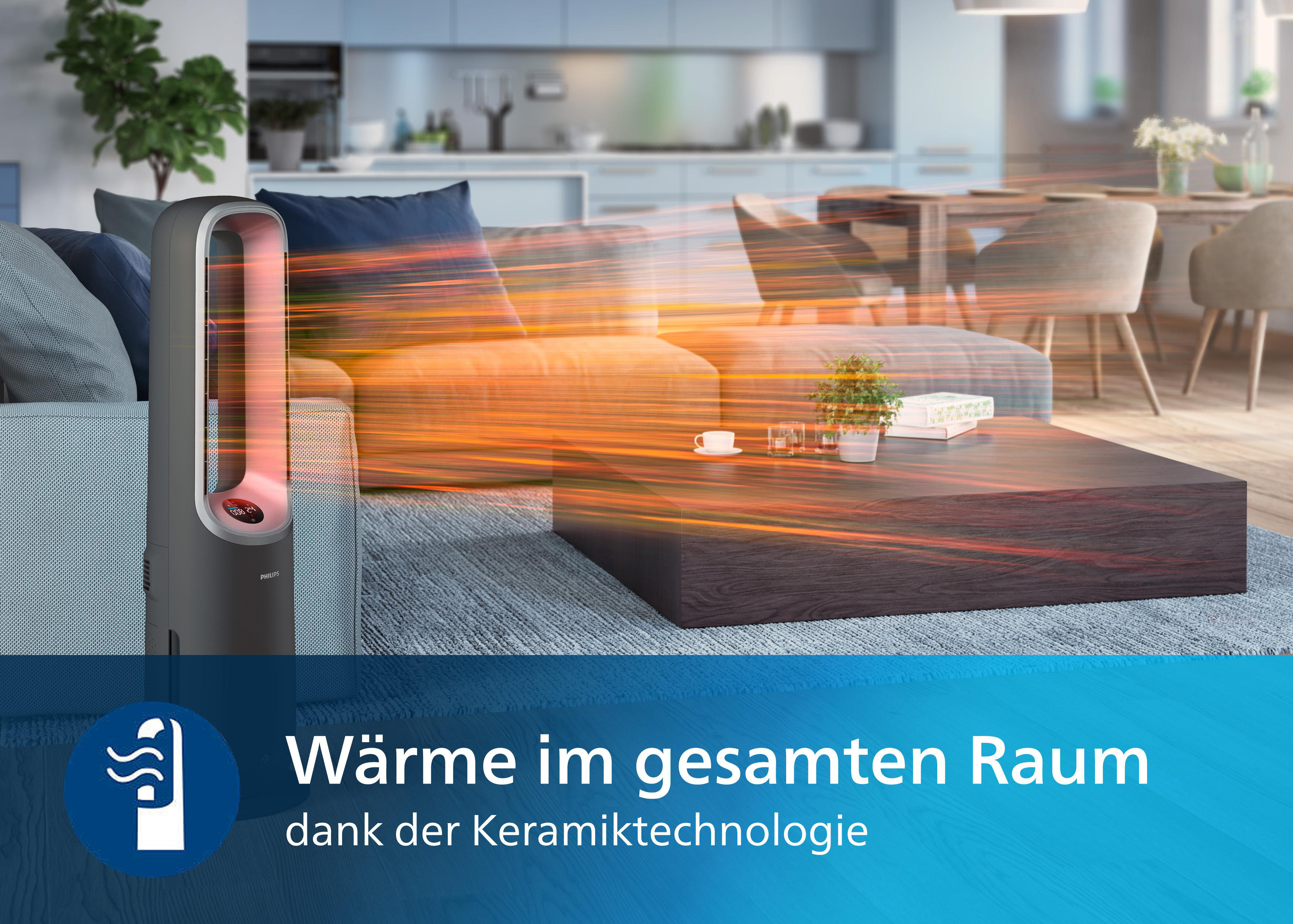 Eine Innenszene mit einem schwarzen und grauen Philips-Heizgerät, einem Holztisch und einem Sofa.