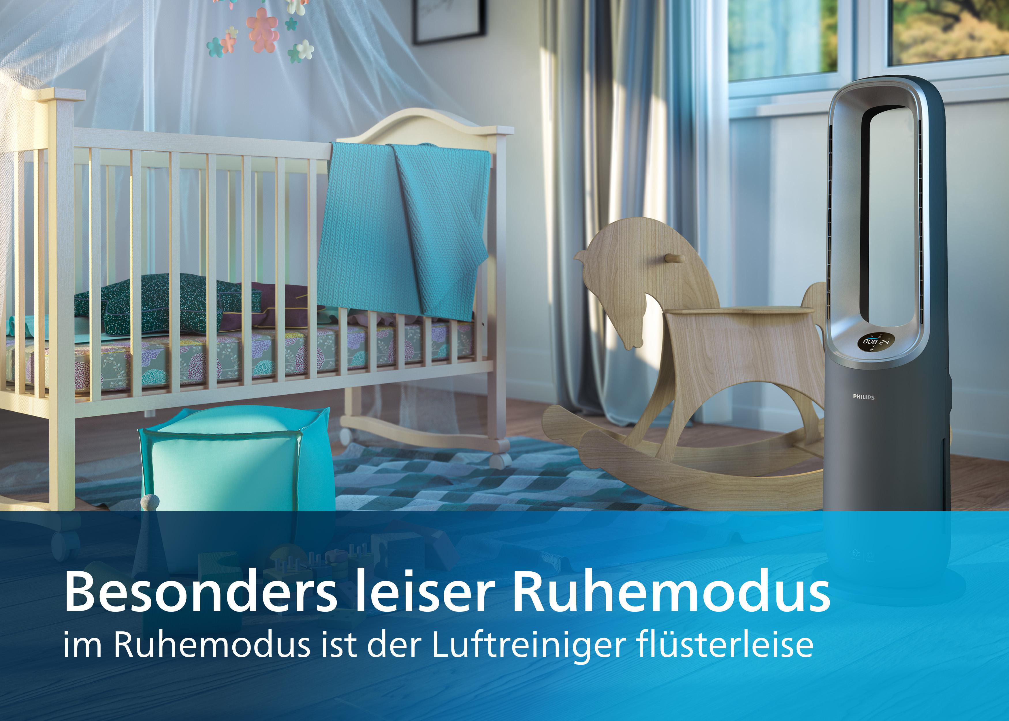 Ein Kinderzimmer mit einem Kinderbett und einem Schaukelpferd. Ein Philips Luftreiniger ist im Raum platziert.