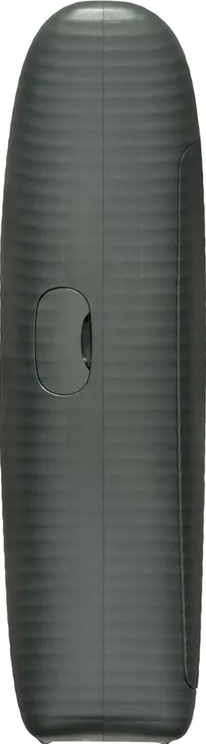 Un dispositivo verticale grigio scuro con una parte superiore arrotondata e una piccola rientranza ovale sul lato.