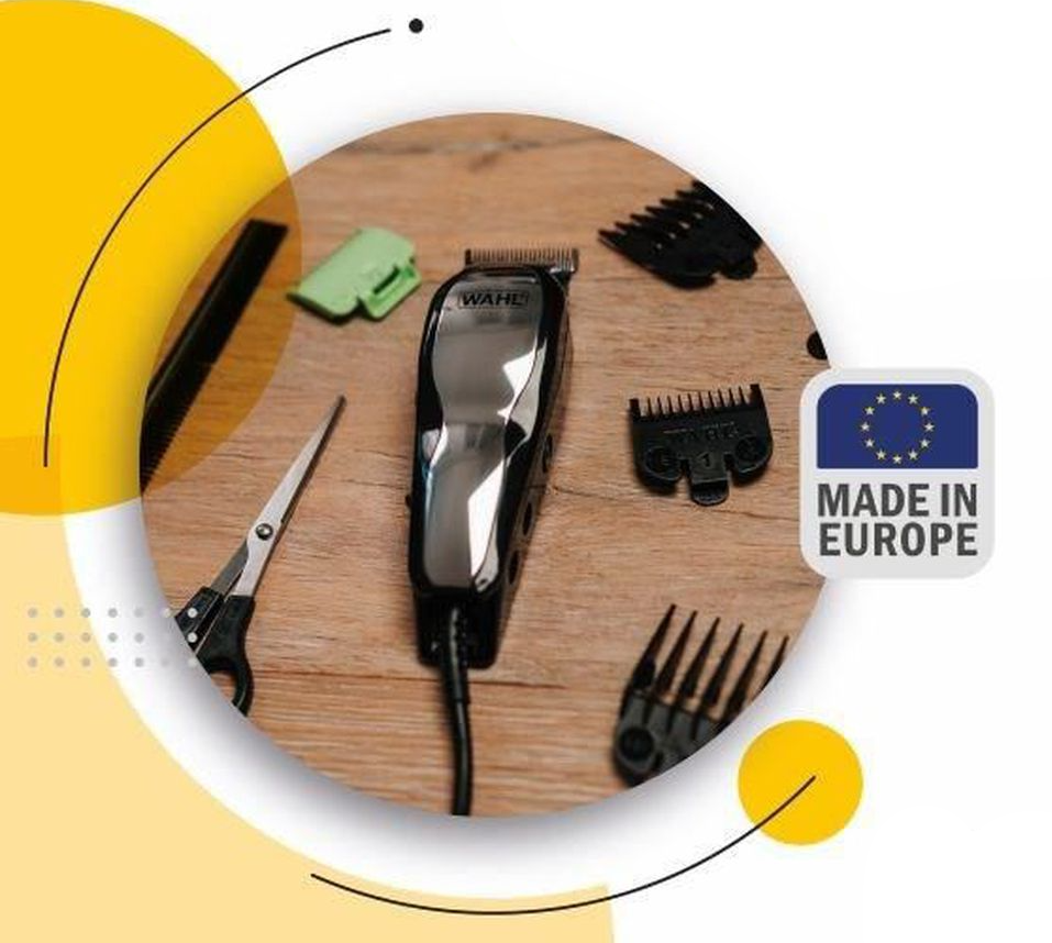 Wahl hajvágó és tartozékok, tartozékokkal és 'Made in Europe' címkével.