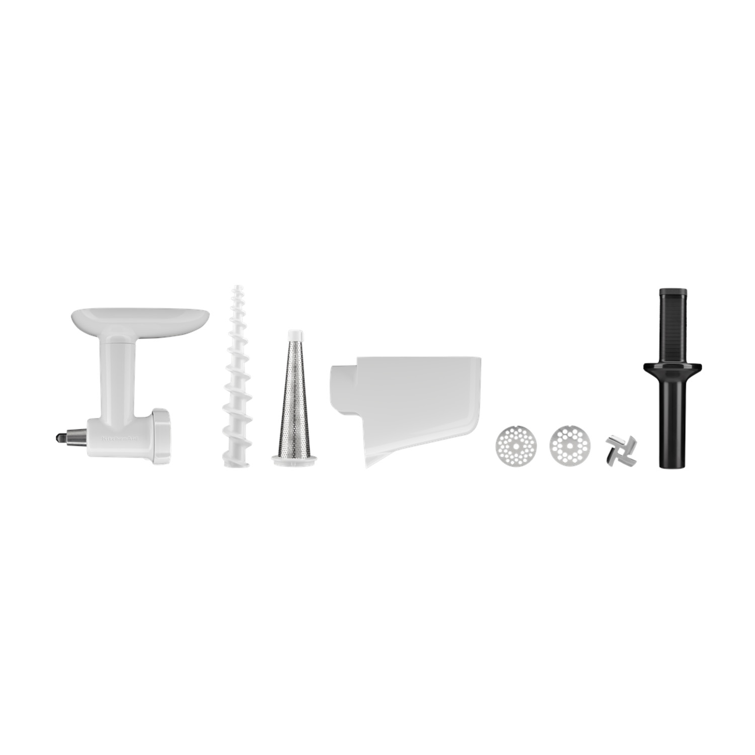 Un accessorio tritacarne KitchenAid smontato, con vari componenti disposti.
