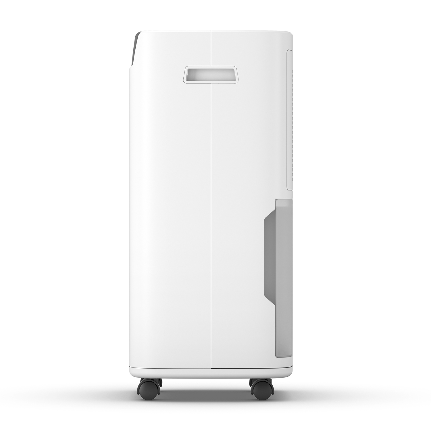Deumidificatore bianco su ruote, design verticale. Ha una maniglia in alto. Sfondo bianco.