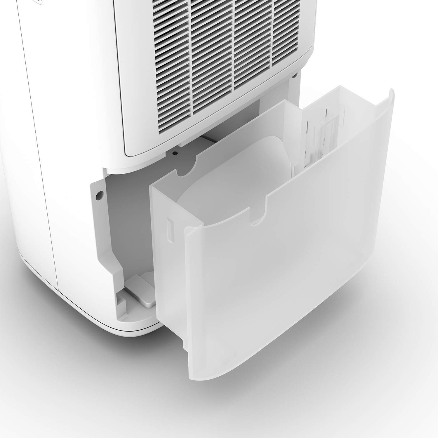 Deumidificatore bianco con serbatoio dell'acqua rimovibile.