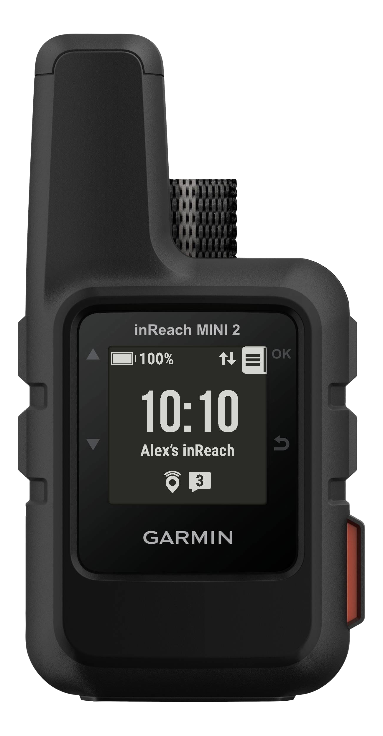 Schwarzes Garmin inReach Mini 2. Display zeigt Zeit, Akku und Alex's inReach, mit Garmin-Logo.