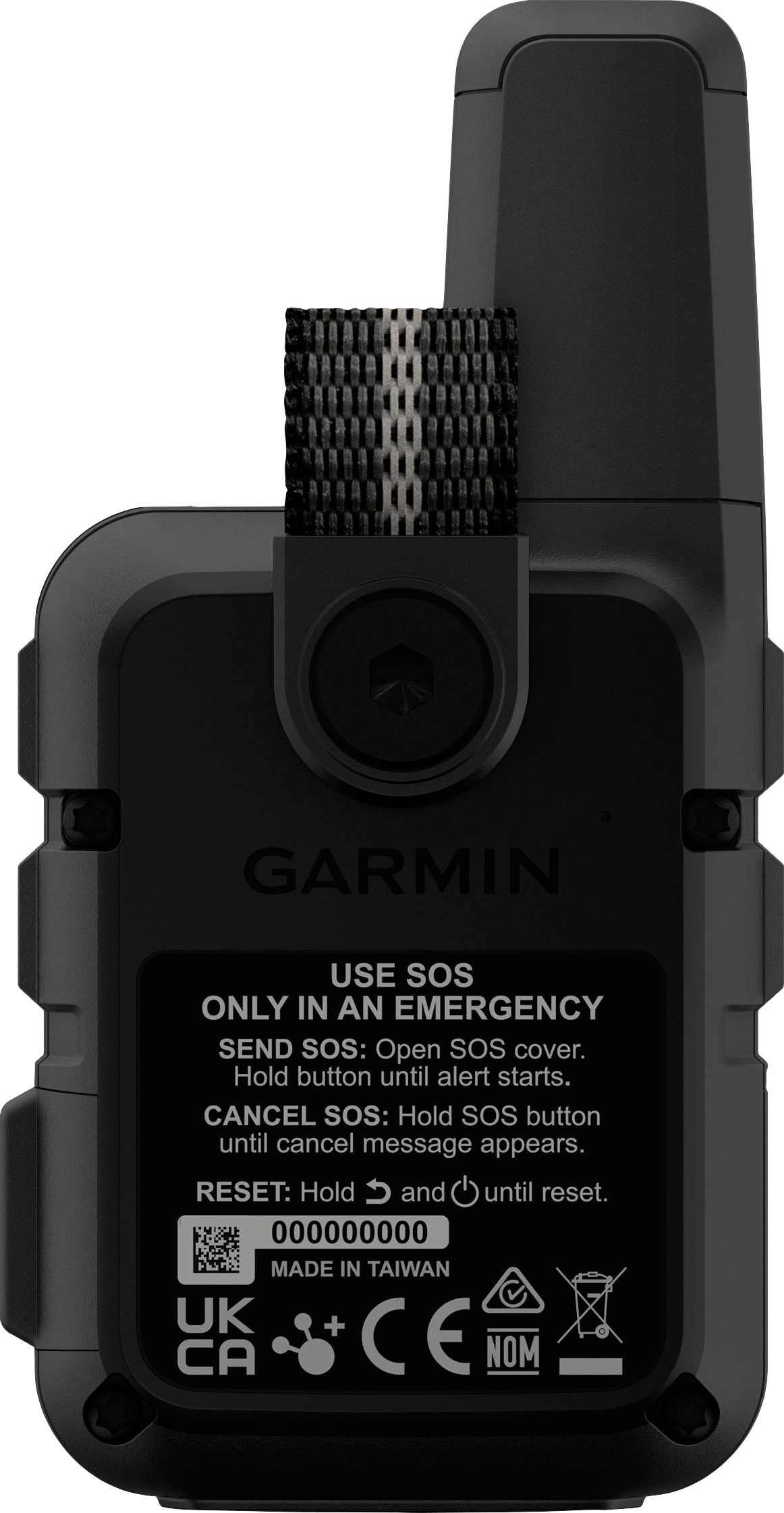 Schwarzes Garmin inReach Mini 2 Gerät mit Anweisungen für SOS- und Reset-Funktionen. Zeigt einen QR-Code und Made in Taiwan.