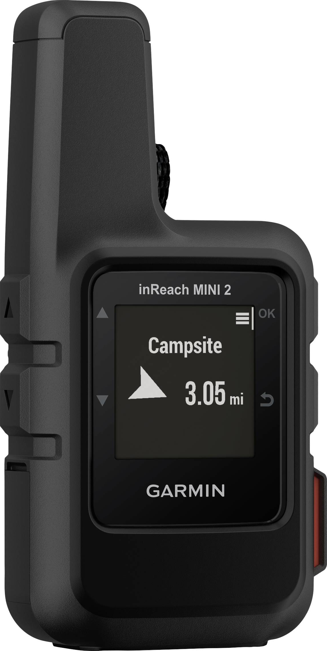 Schwarzes Garmin inReach Mini 2, zeigt einen Bildschirm mit Navigationsanzeige.